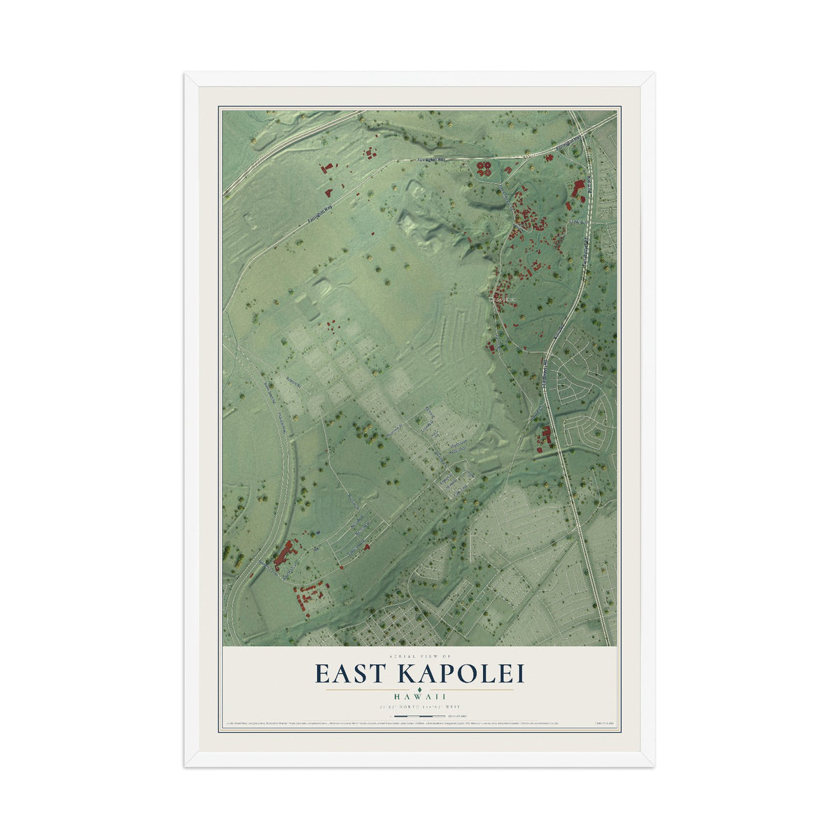 Map of East Kapolei, Hawaii, 12 x 18 inch print in a white wood frame