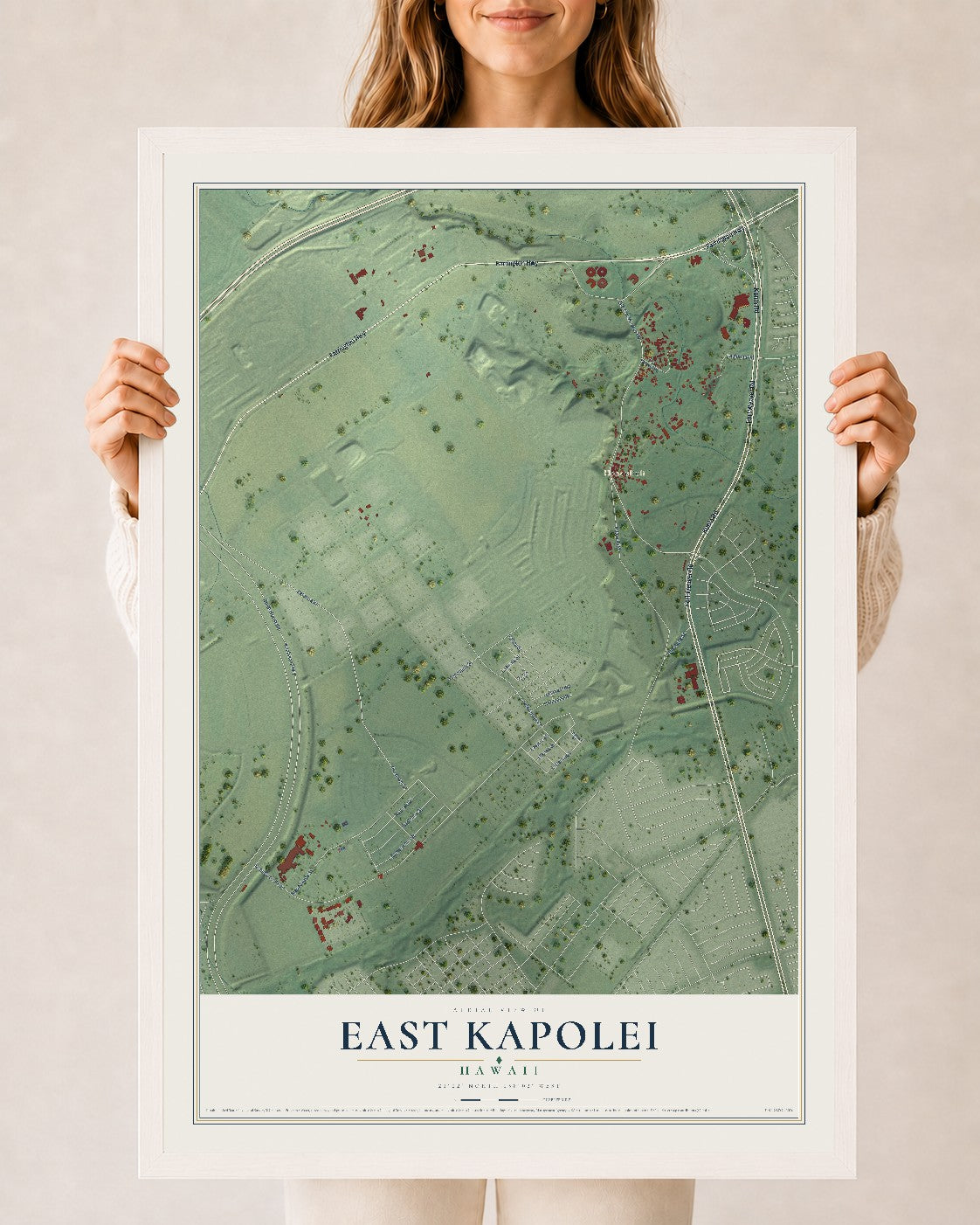 Map of East Kapolei, Hawaii, 24 x 36 inch print in a white wood frame