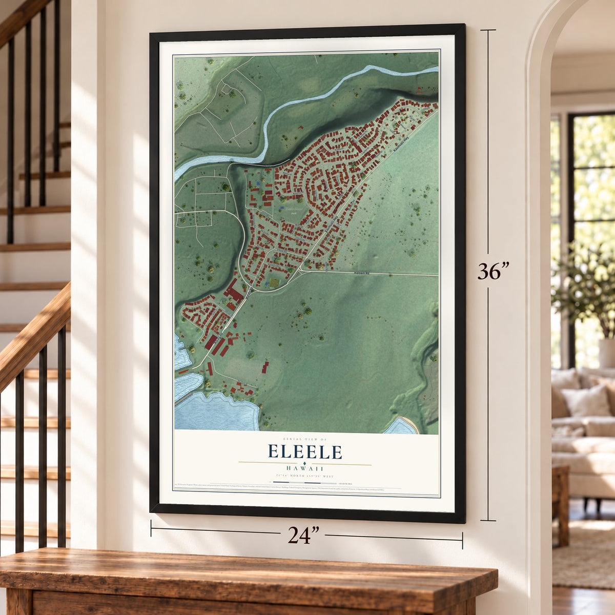 Eleele, Hawaii map, 24 x 36 inch print in a black frame by a staircase
