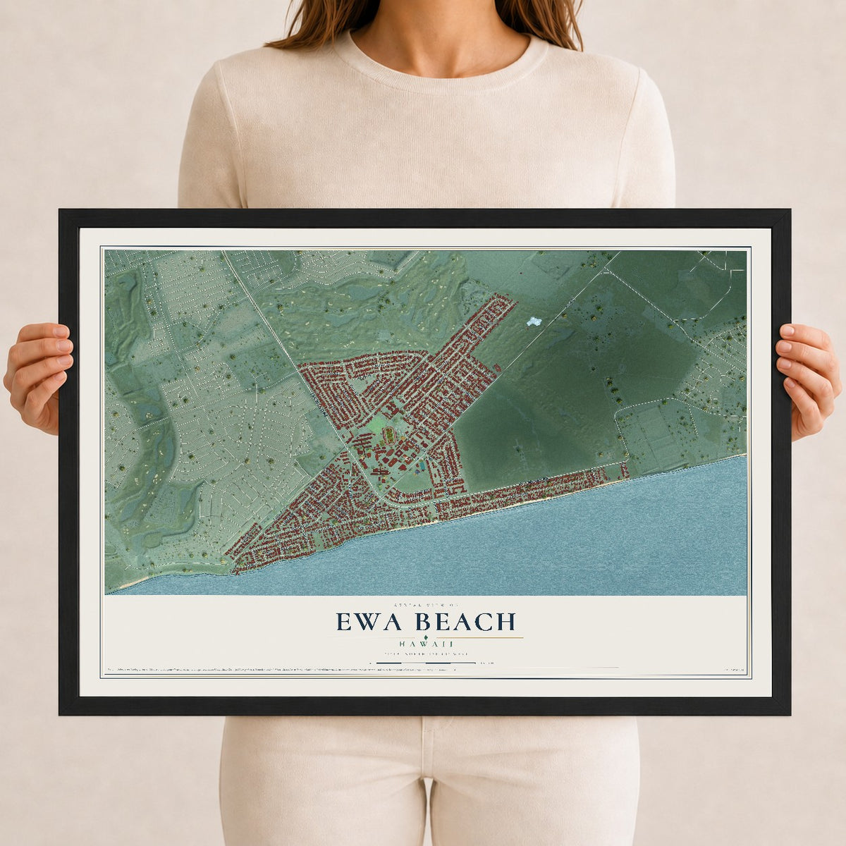 Map of Ewa Beach, Hawaii, 12 x 18 inch print in a black wood frame