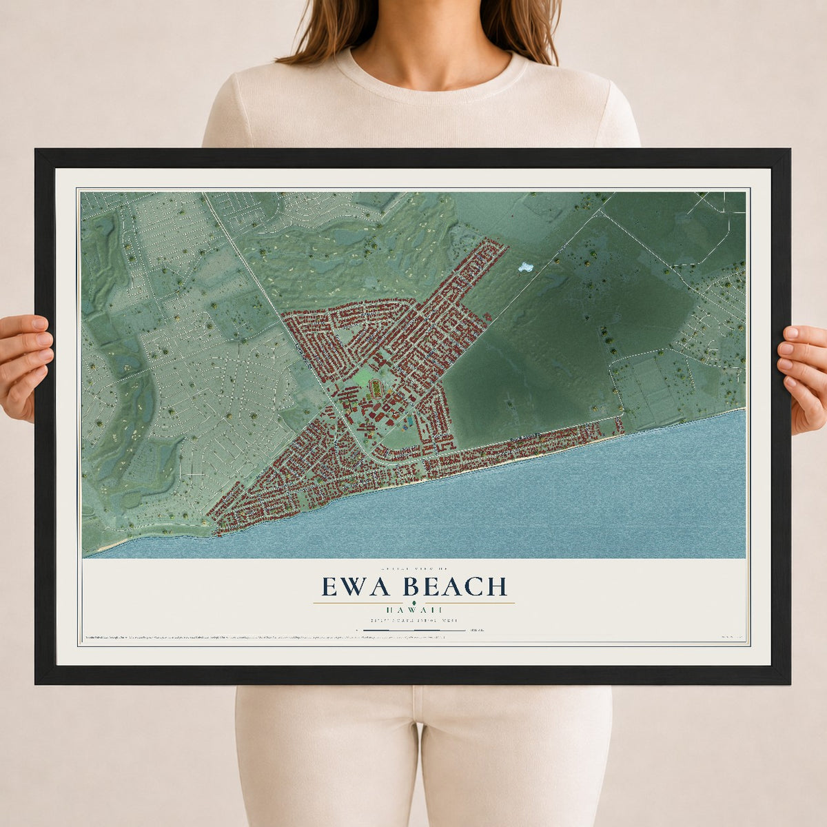 Map of Ewa Beach, Hawaii, 18 x 24 inch print in a black wood frame