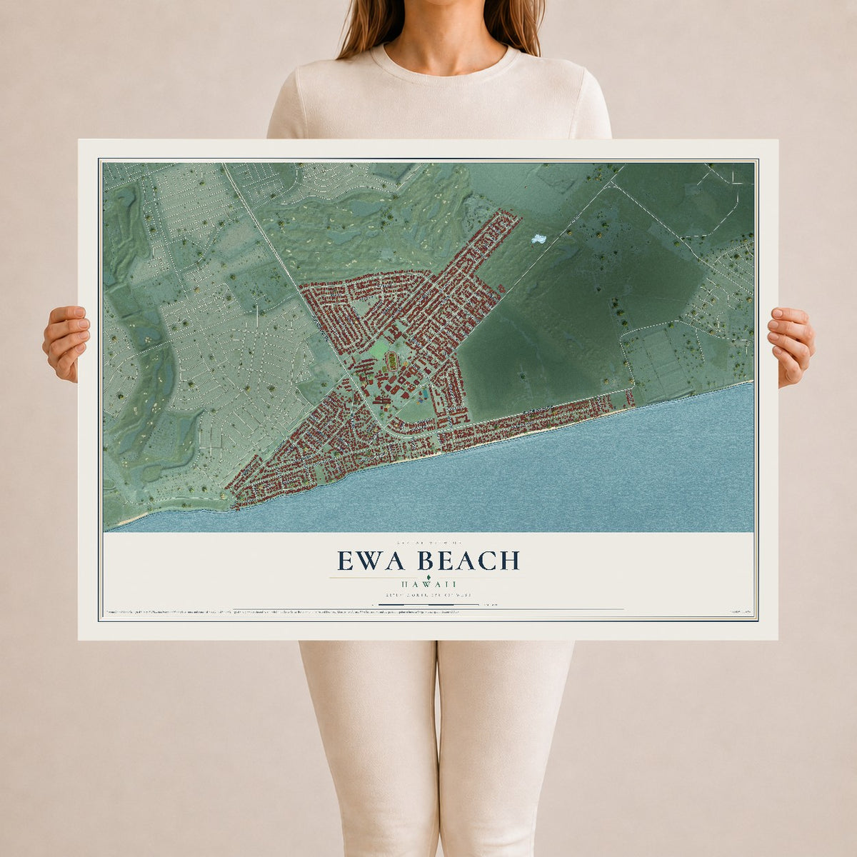 Map of Ewa Beach, Hawaii, 24 x 36 inch unframed archival matte print