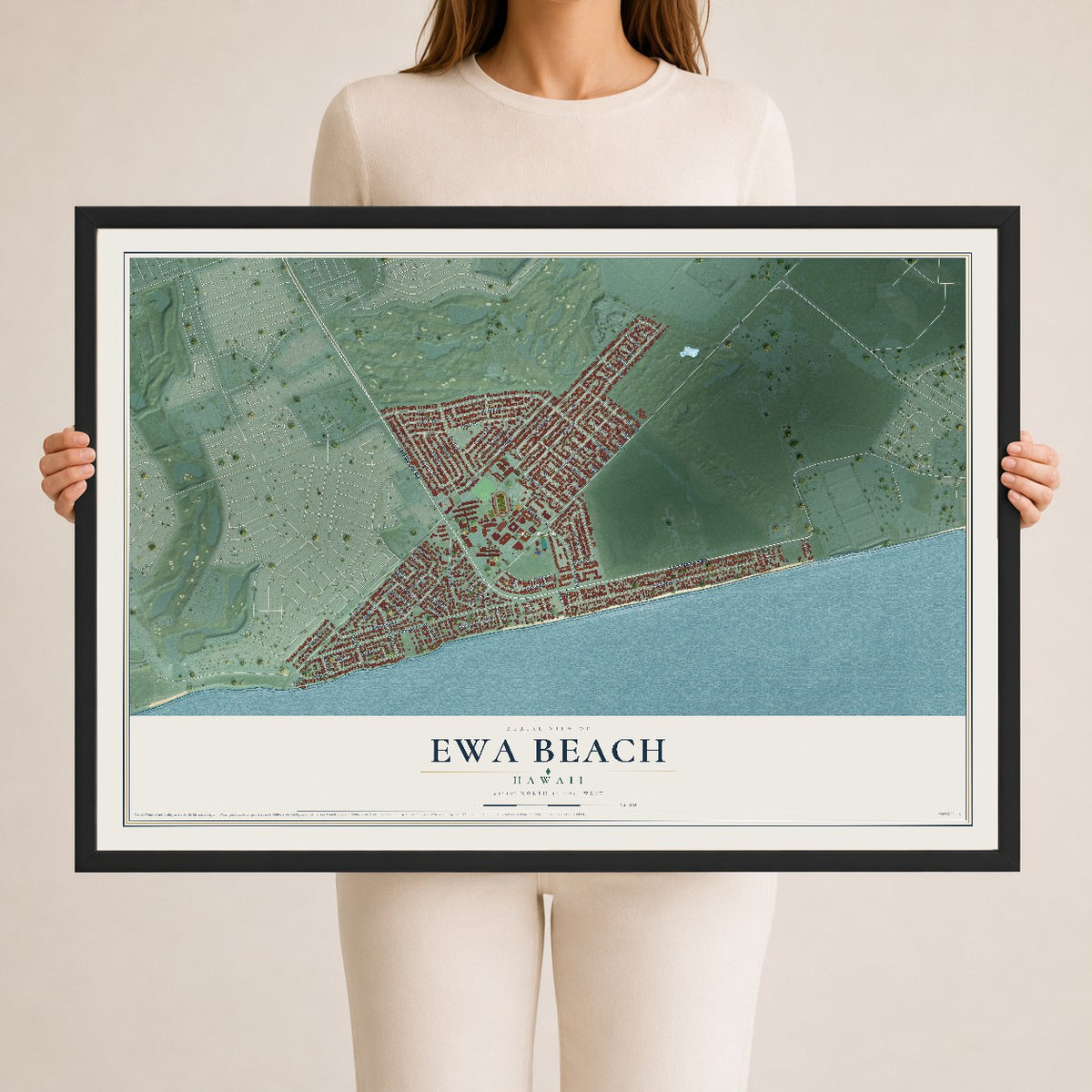 Map of Ewa Beach, Hawaii, 24 x 36 inch print in a black wood frame