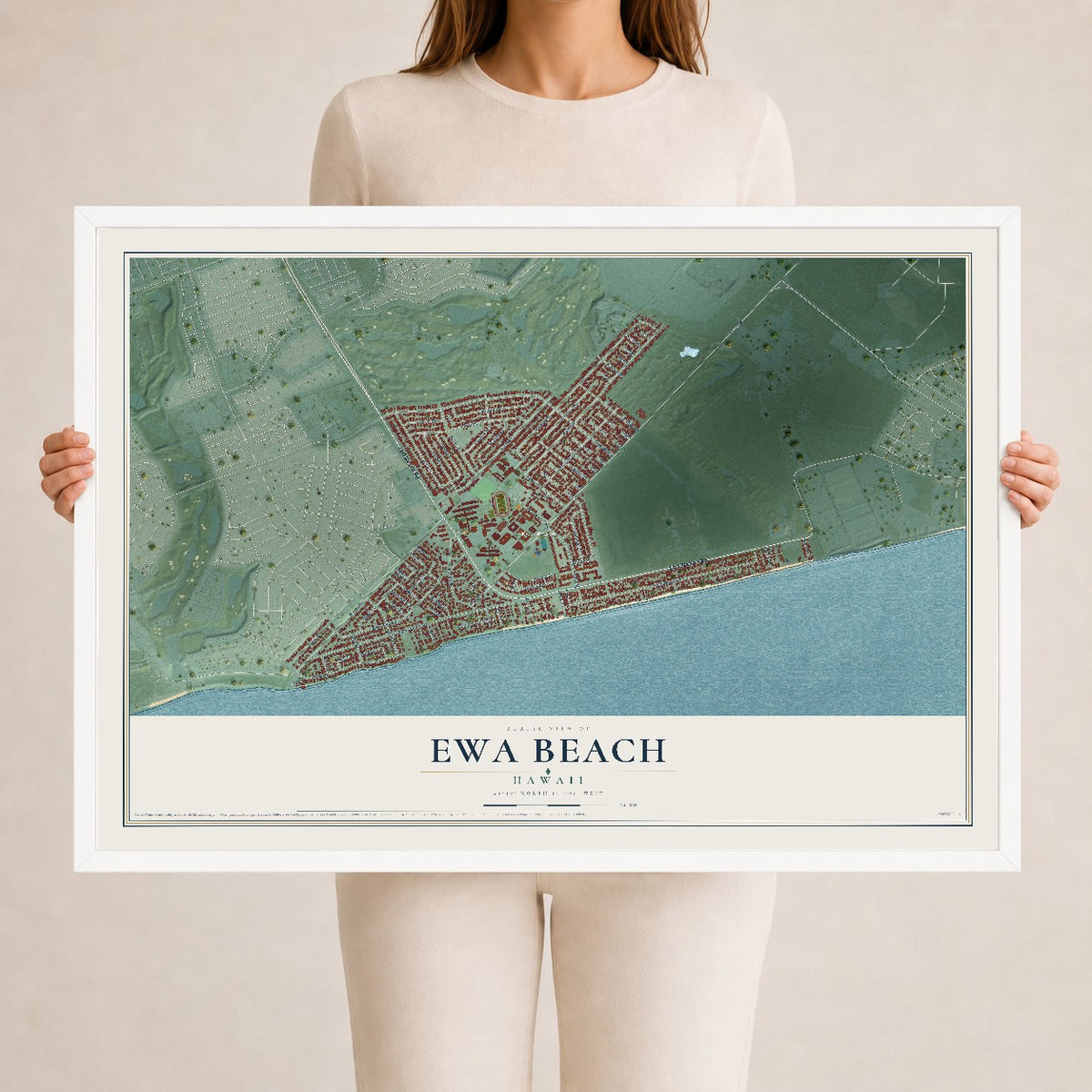 Map of Ewa Beach, Hawaii, 24 x 36 inch print in a white wood frame