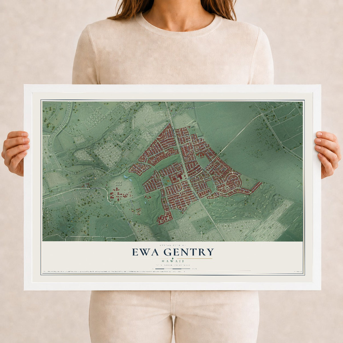 Map of Ewa Gentry, Hawaii, 12 x 18 inch print in a white wood frame