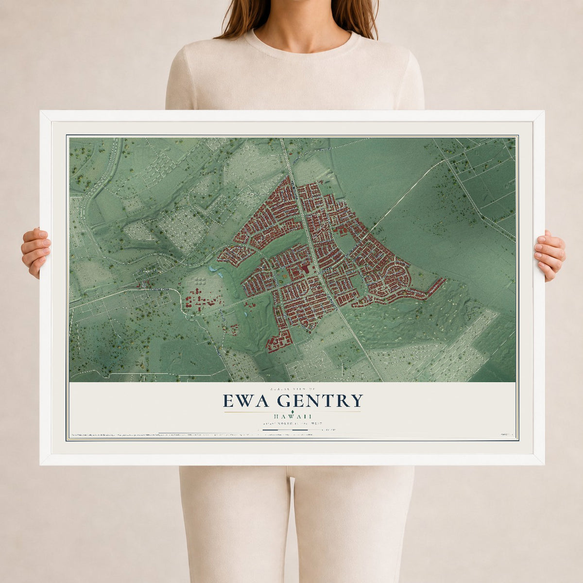 Map of Ewa Gentry, Hawaii, 24 x 36 inch print in a white wood frame