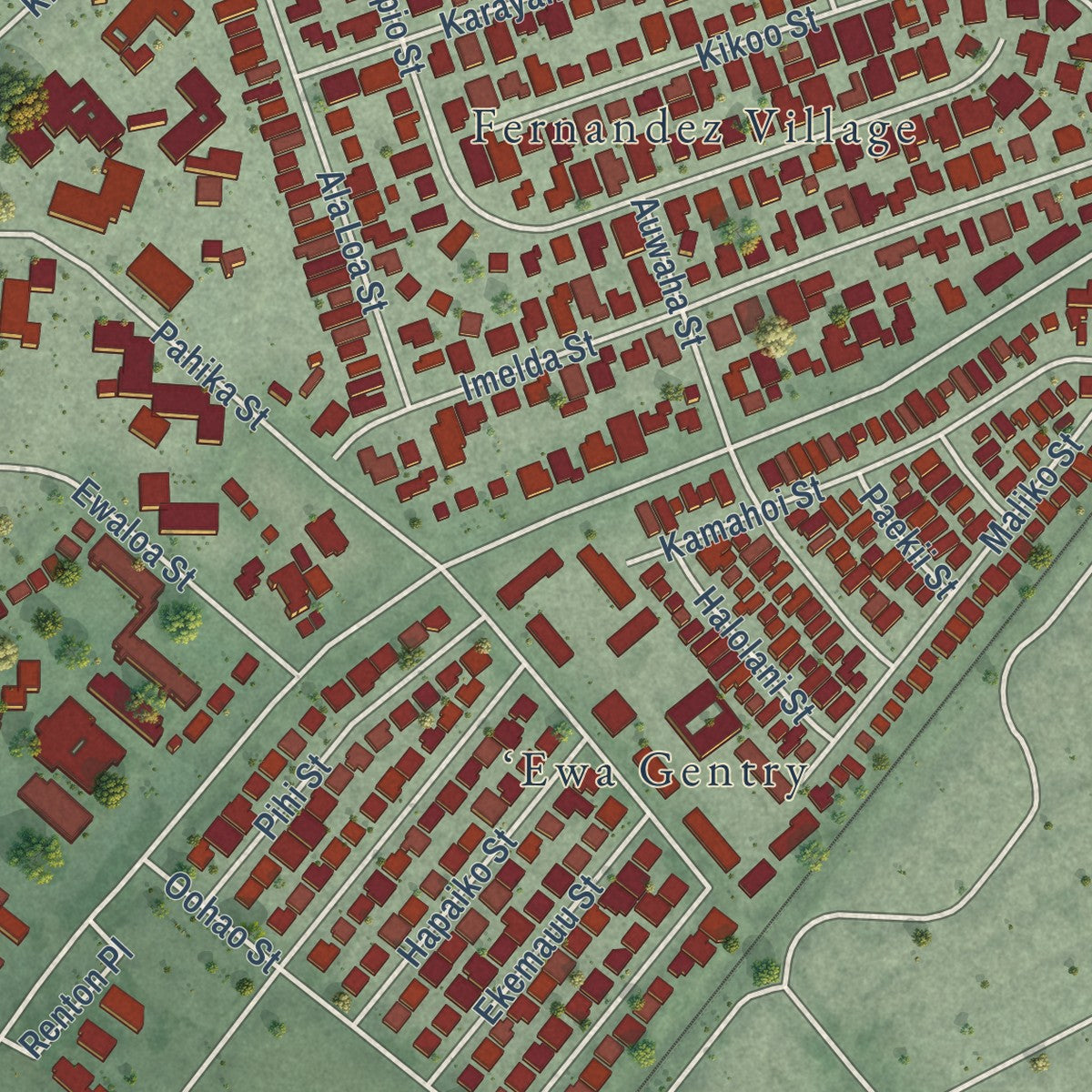 Close-up of the map of Ewa Villages, Hawaii print showing street and building detail
