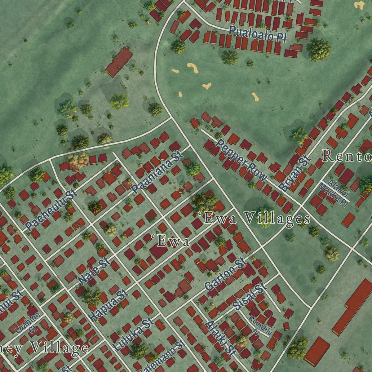 Second close-up of the map of Ewa Villages, Hawaii print showing more streets and buildings
