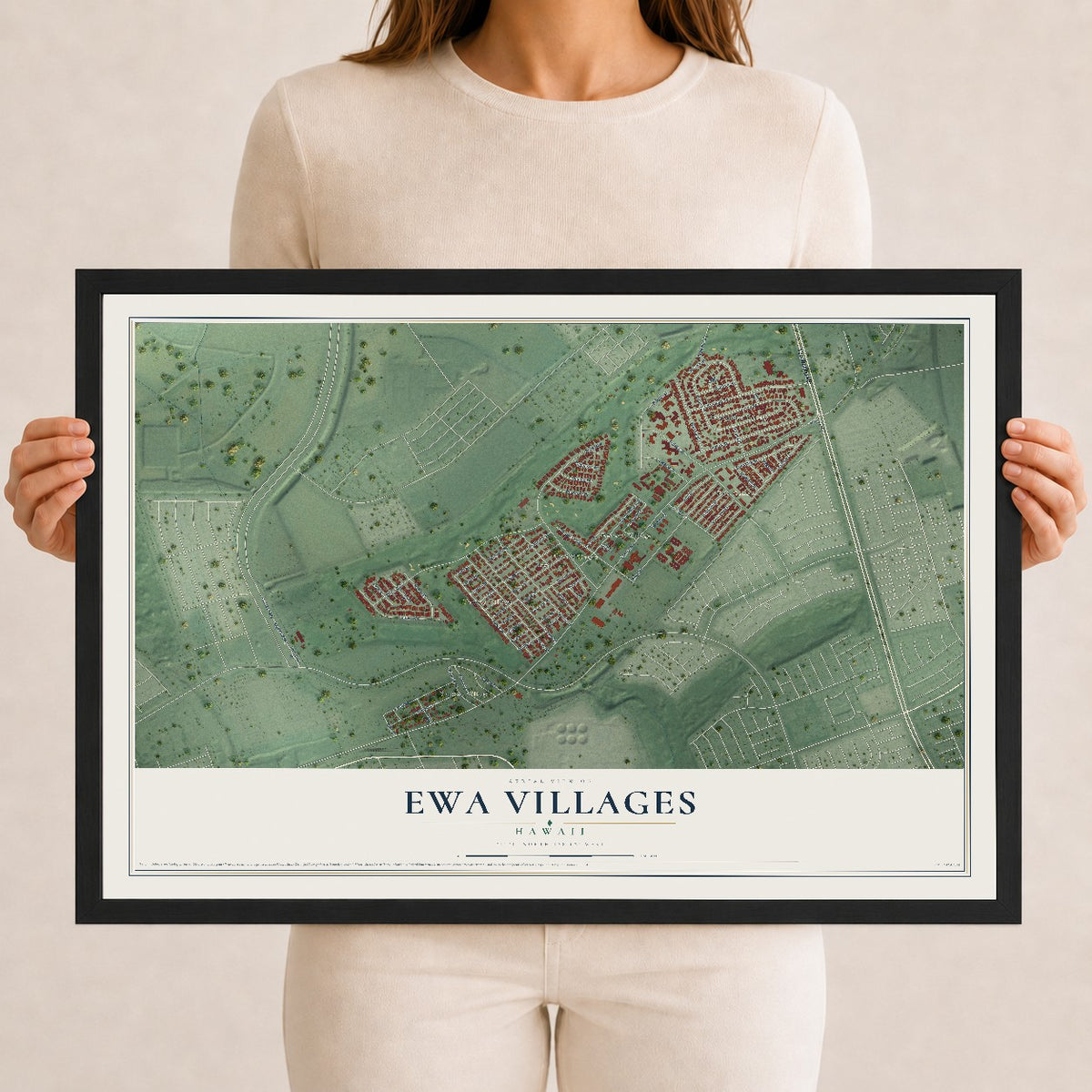 Map of Ewa Villages, Hawaii, 12 x 18 inch print in a black wood frame