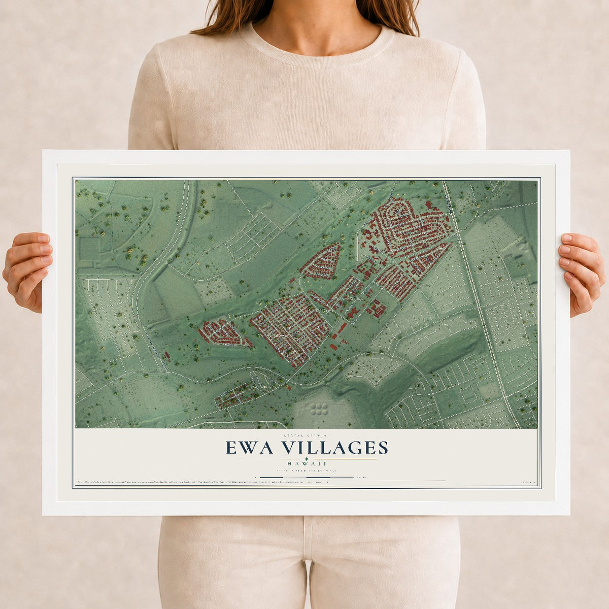 Map of Ewa Villages, Hawaii, 12 x 18 inch print in a white wood frame