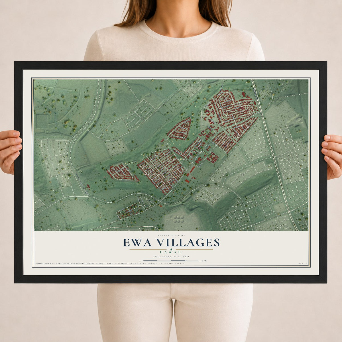 Map of Ewa Villages, Hawaii, 18 x 24 inch print in a black wood frame