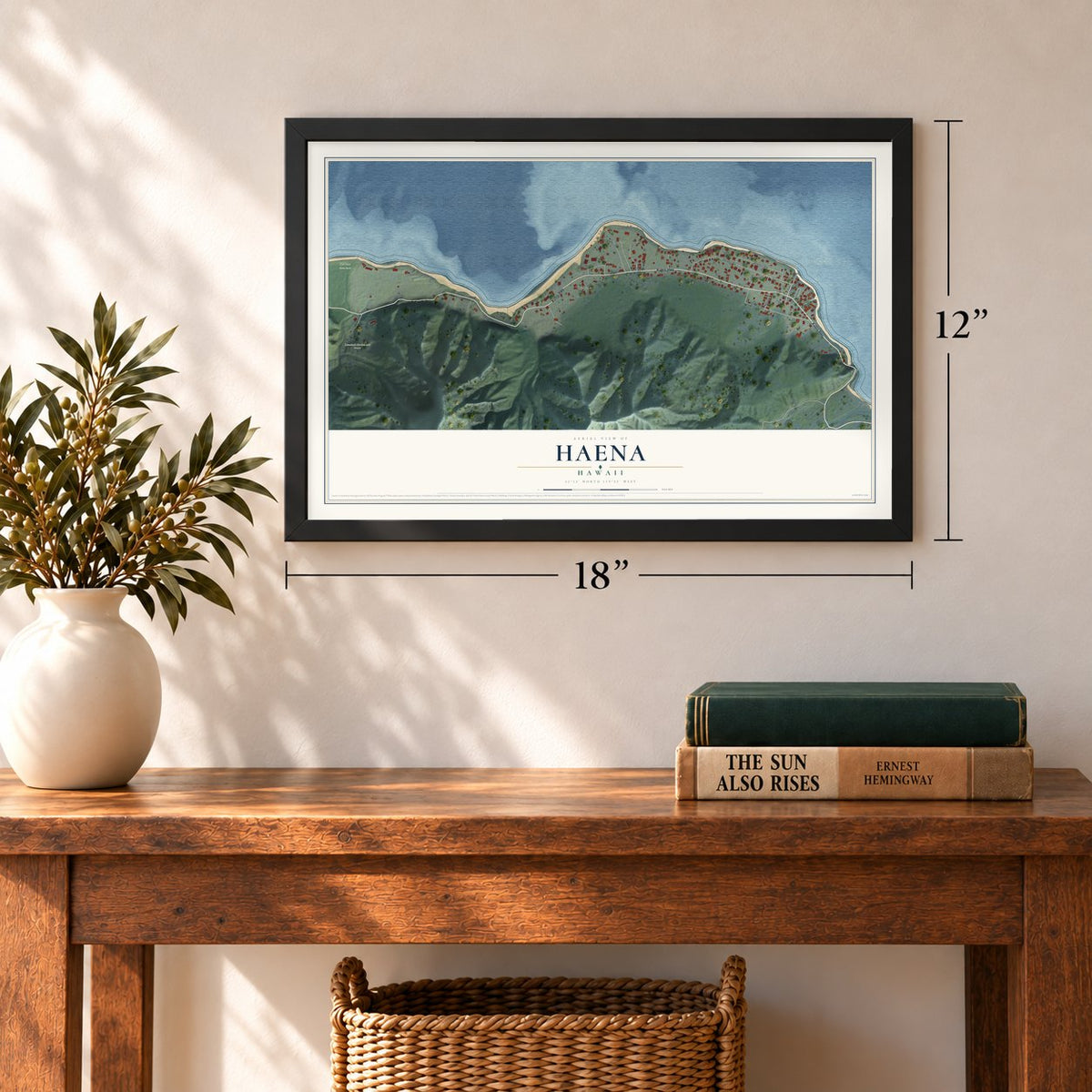 Haena, Hawaii map, 12 x 18 inch print in a black frame in an entryway