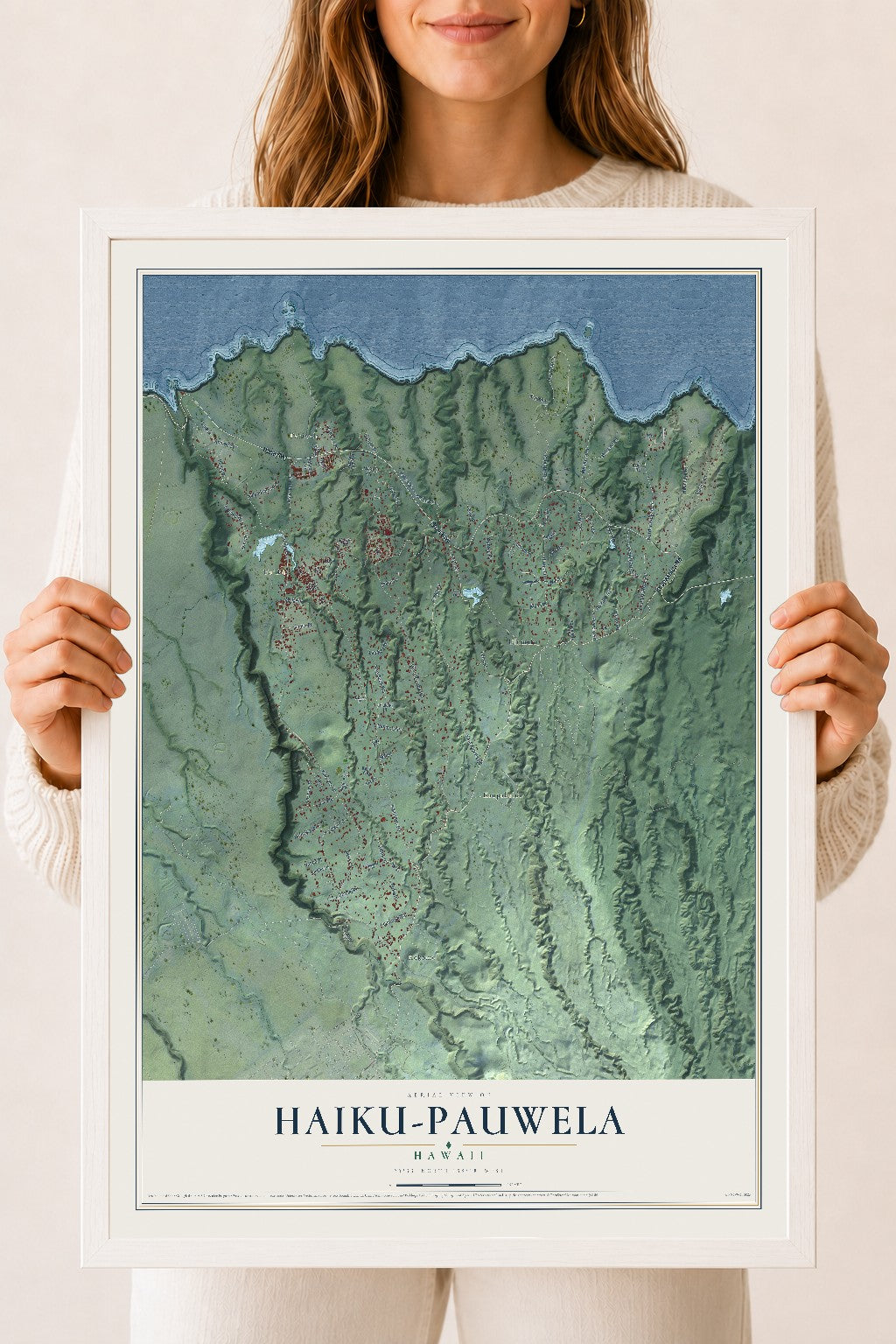Map of Haiku-Pauwela, Hawaii, 18 x 24 inch print in a white wood frame