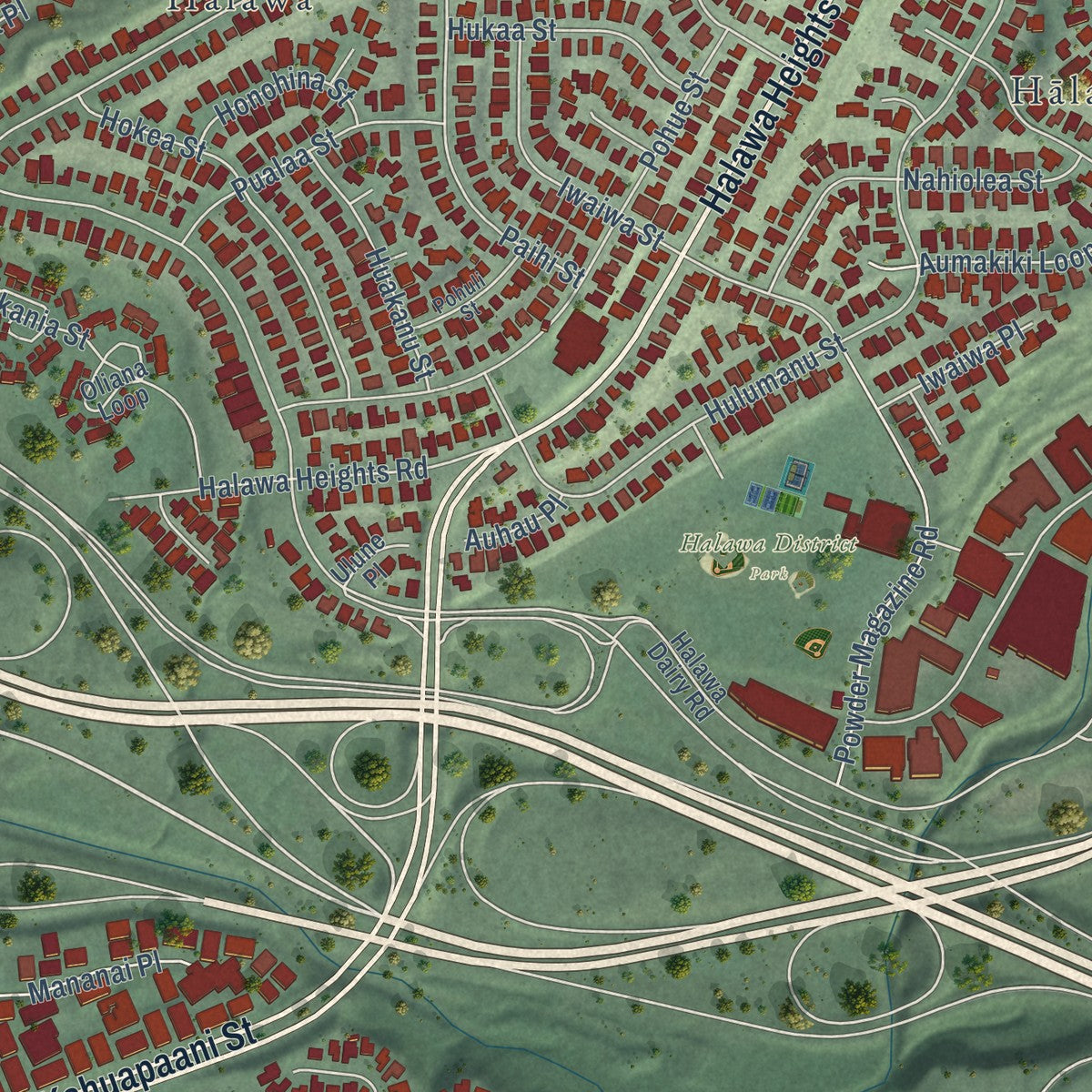 Close-up of the map of Halawa, Hawaii print showing street and building detail