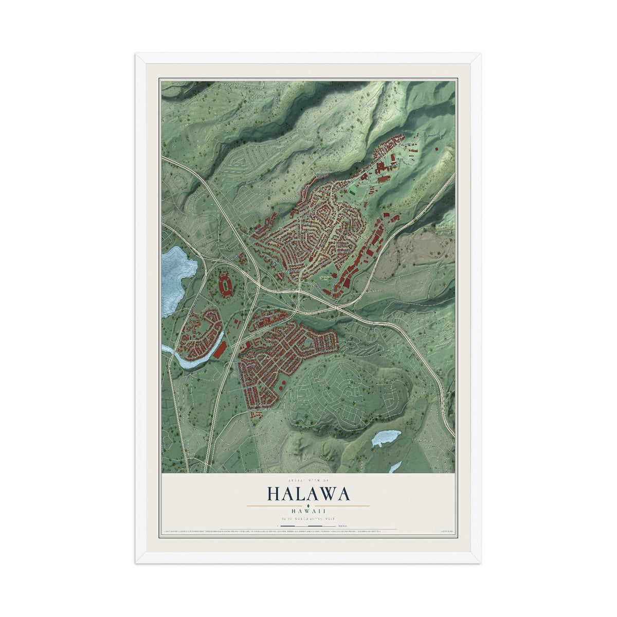 Map of Halawa, Hawaii, 12 x 18 inch print in a white wood frame