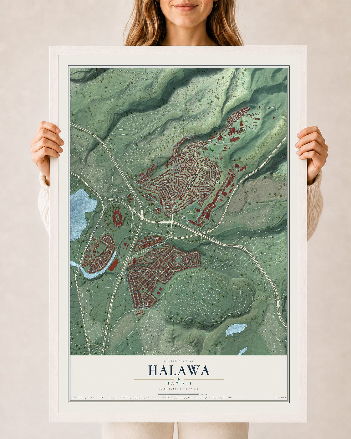 Map of Halawa, Hawaii, 24 x 36 inch print in a white wood frame