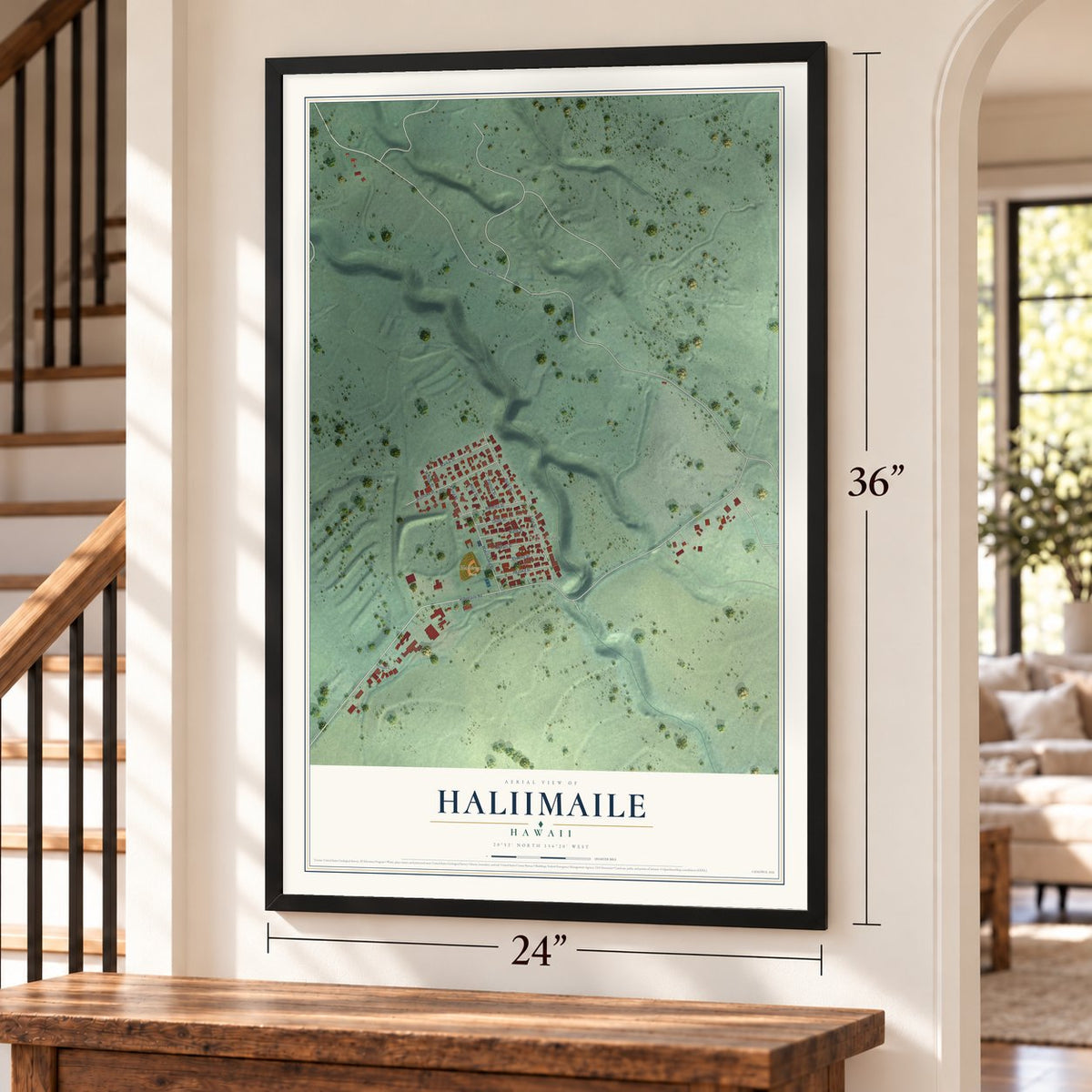 Haliimaile, Hawaii map, 24 x 36 inch print in a black frame by a staircase