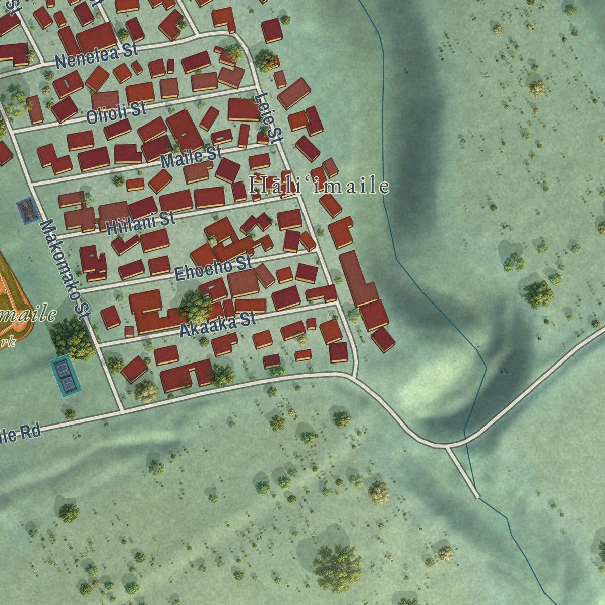 Close-up of the map of Haliimaile, Hawaii print showing street and building detail