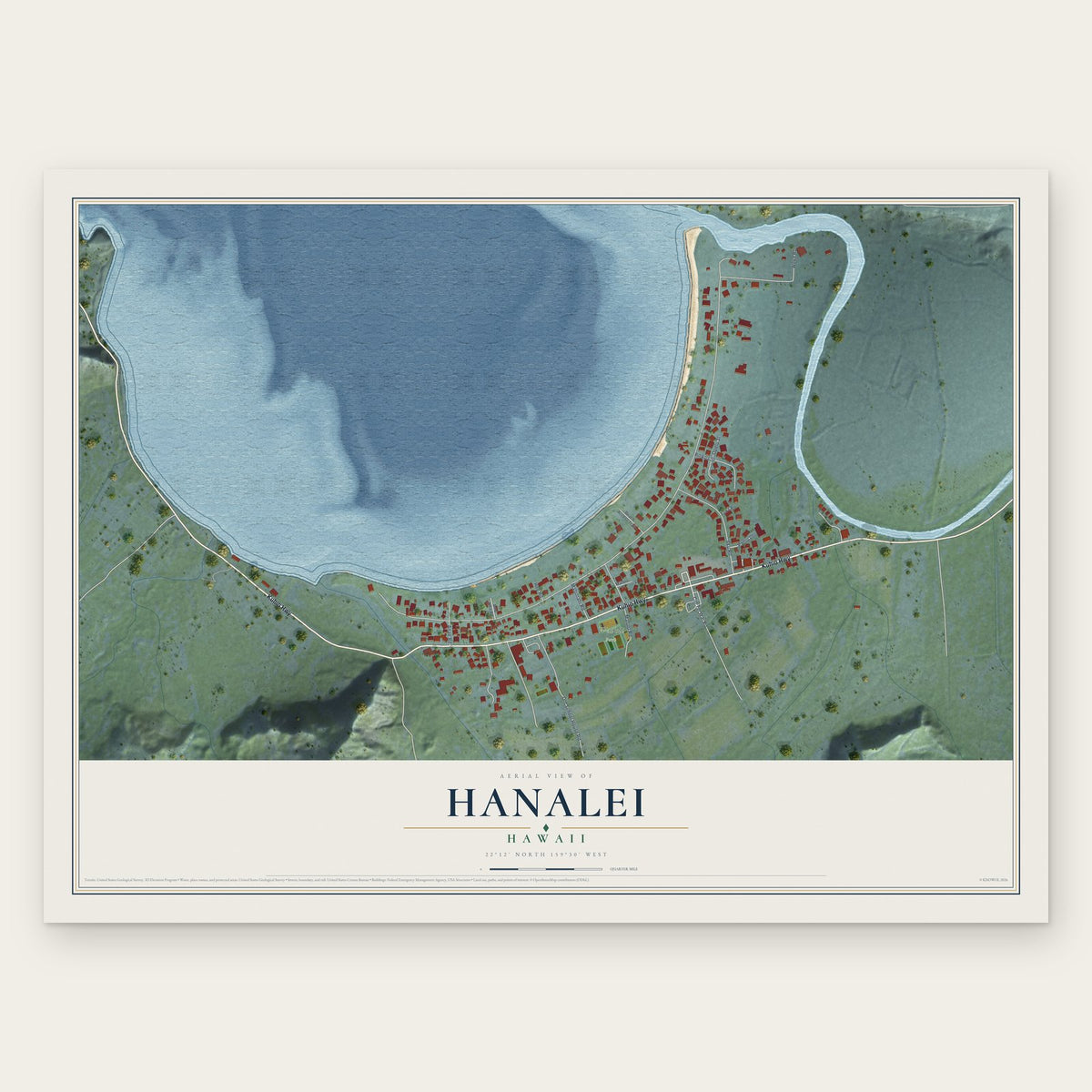 Hanalei, Hawaii map print, the full design