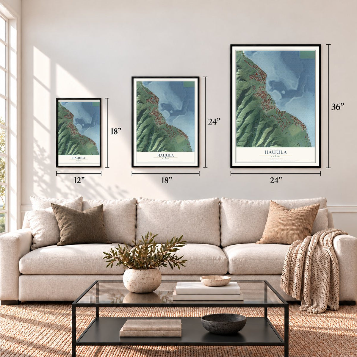 Hauula, Hawaii map in 12 x 18, 18 x 24 and 24 x 36 inch sizes above a sofa