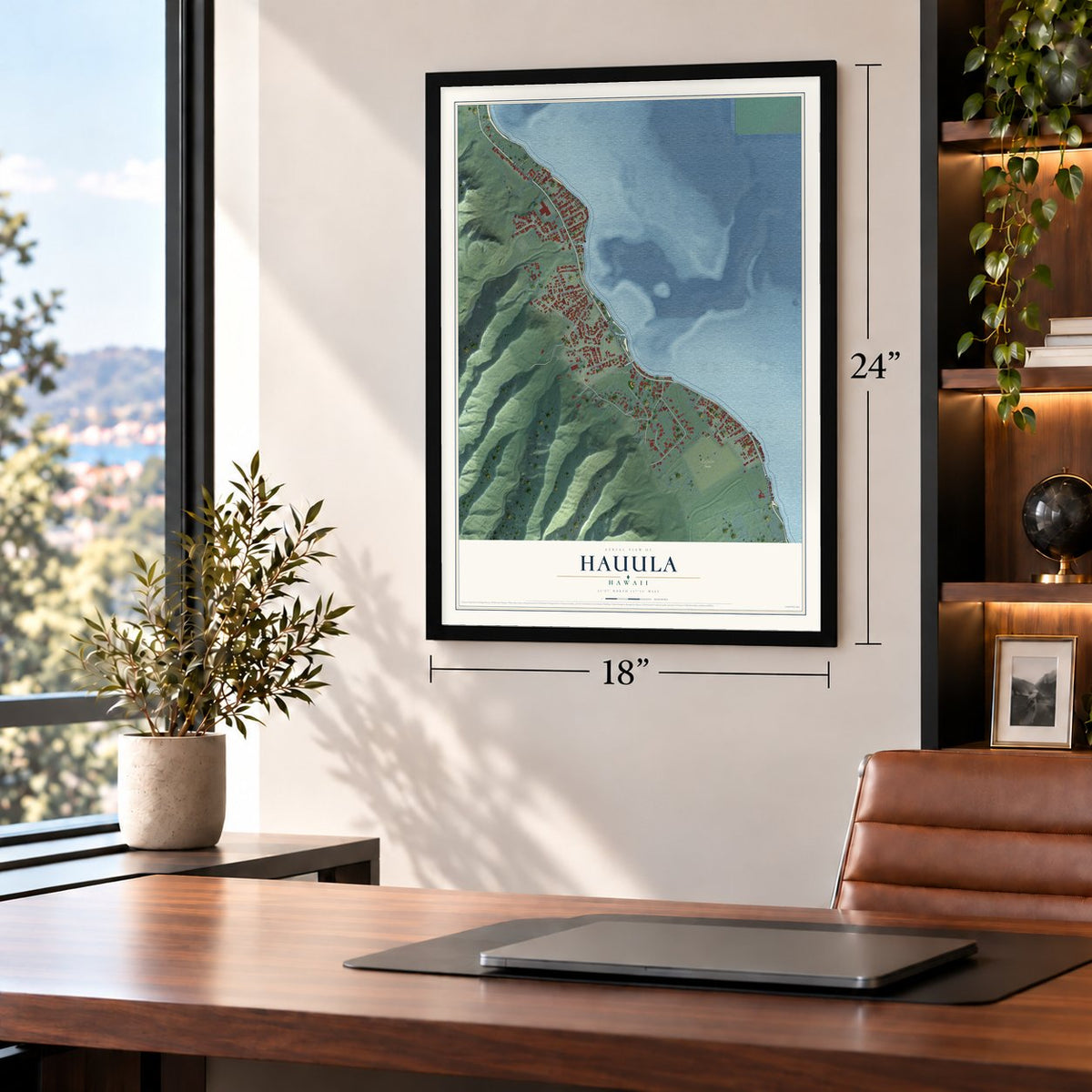 Hauula, Hawaii map, 18 x 24 inch print in a black frame in a home office
