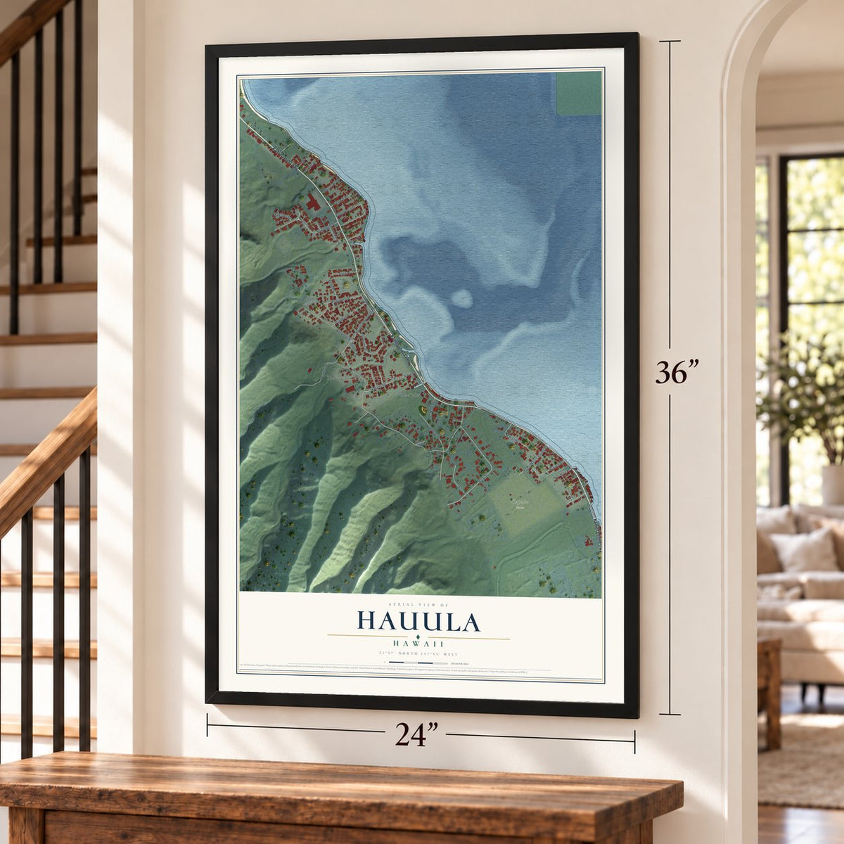 Hauula, Hawaii map, 24 x 36 inch print in a black frame by a staircase