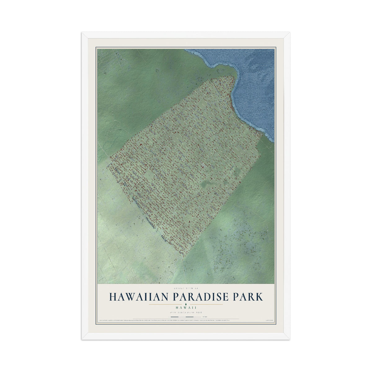 Map of Hawaiian Paradise Park, Hawaii, 12 x 18 inch print in a white wood frame