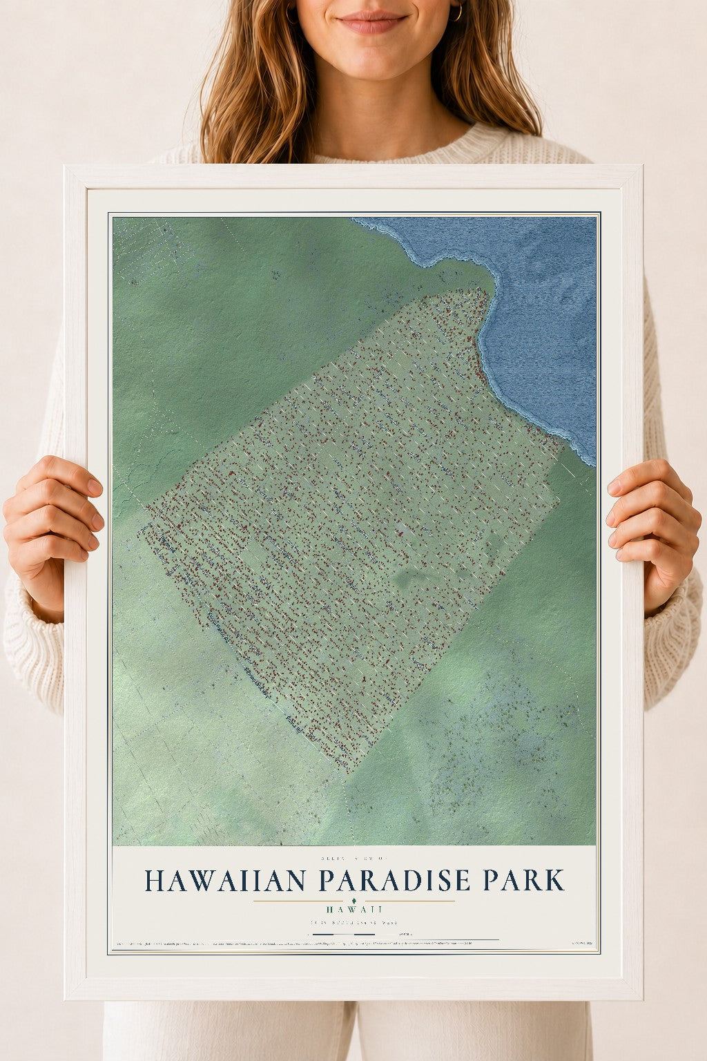Map of Hawaiian Paradise Park, Hawaii, 18 x 24 inch print in a white wood frame