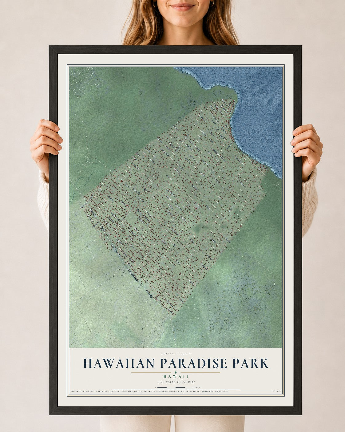 Map of Hawaiian Paradise Park, Hawaii, 24 x 36 inch print in a black wood frame