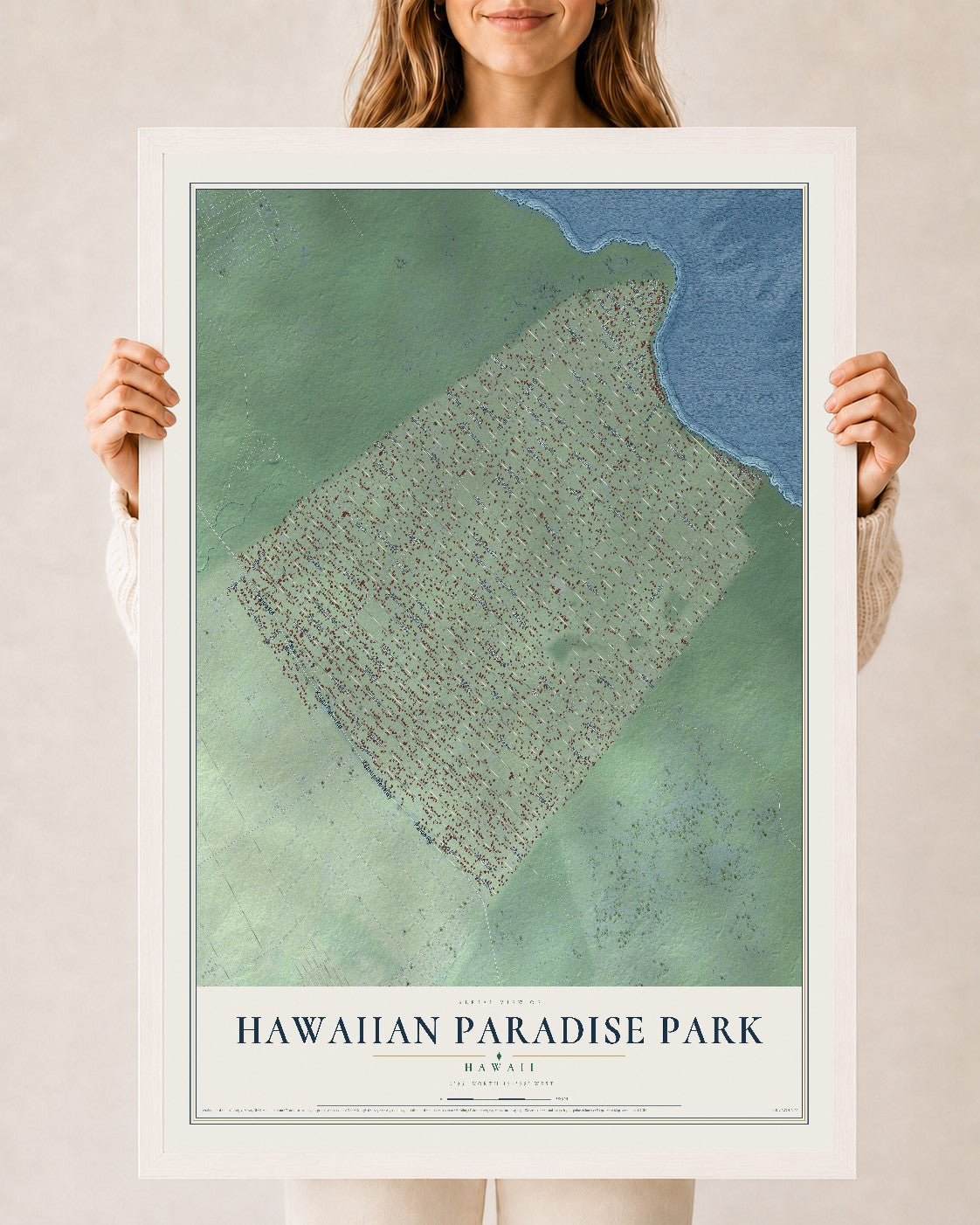 Map of Hawaiian Paradise Park, Hawaii, 24 x 36 inch print in a white wood frame