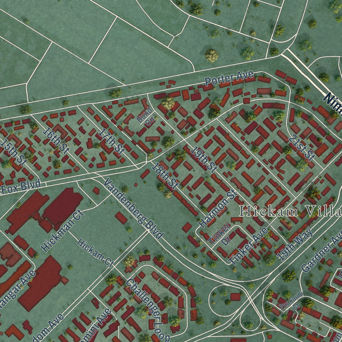 Close-up of the map of Hickam Housing, Hawaii print showing street and building detail