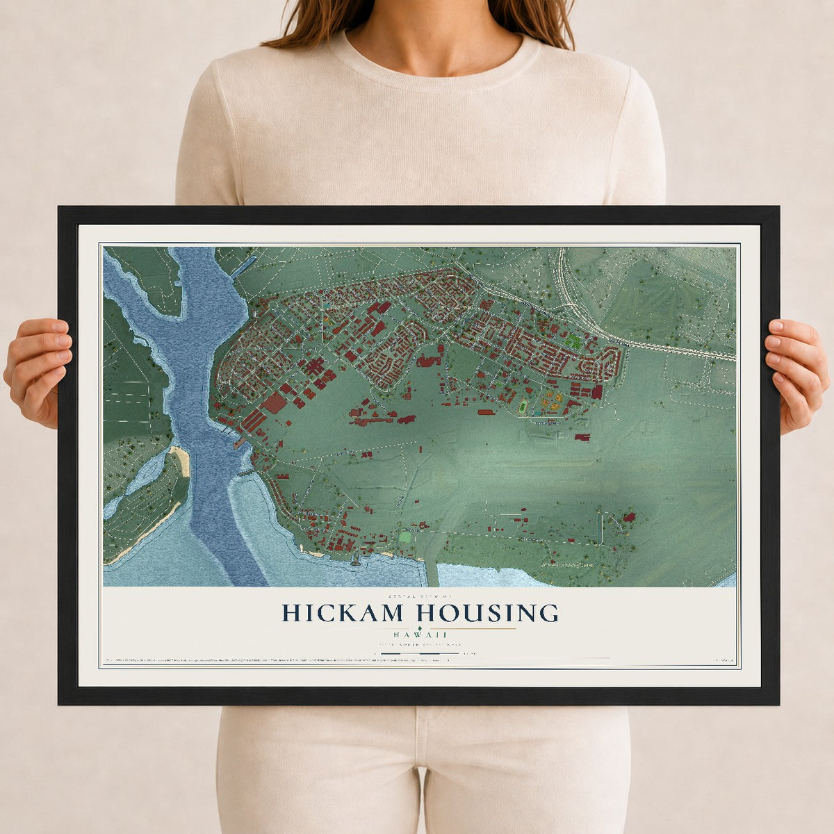 Map of Hickam Housing, Hawaii, 12 x 18 inch print in a black wood frame
