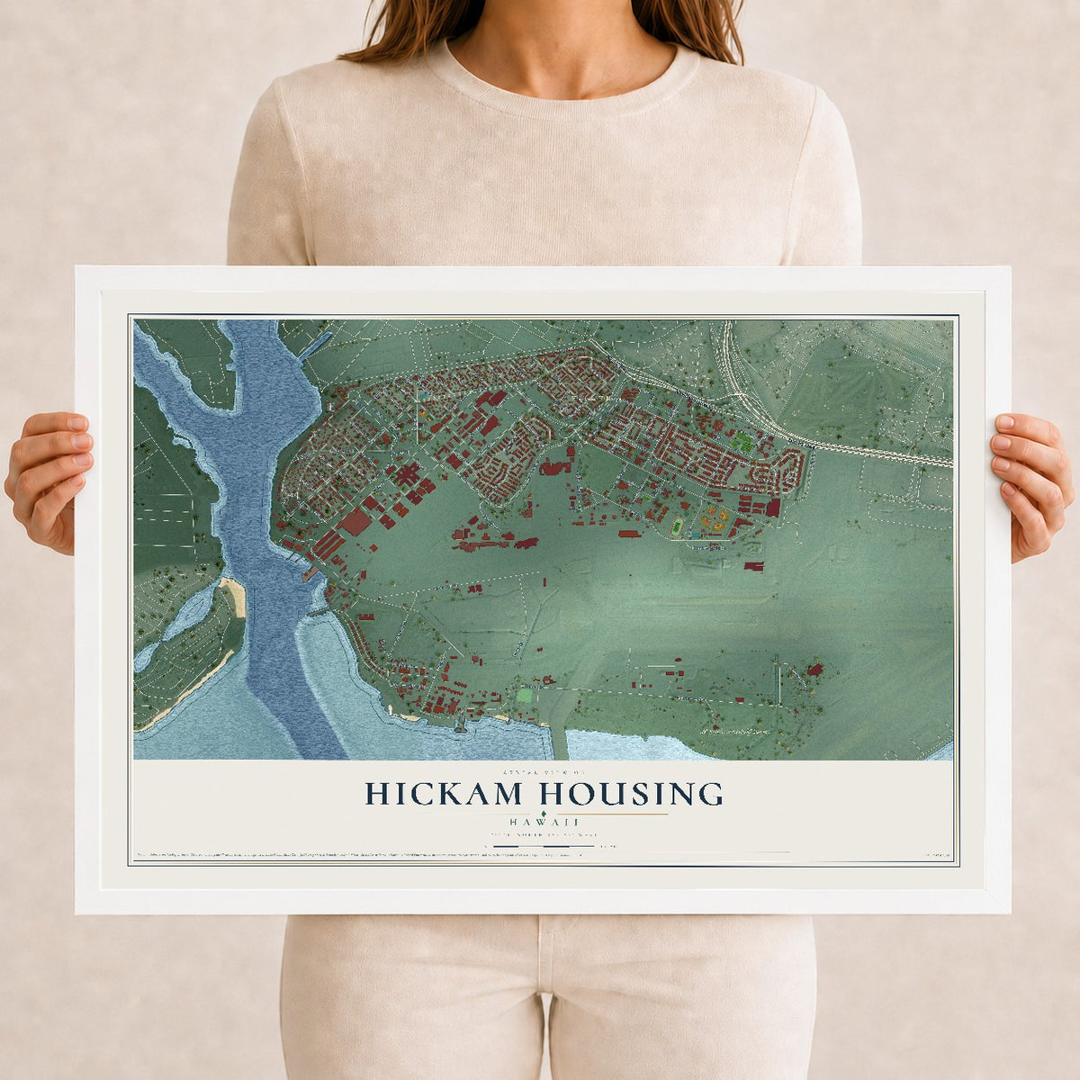 Map of Hickam Housing, Hawaii, 12 x 18 inch print in a white wood frame