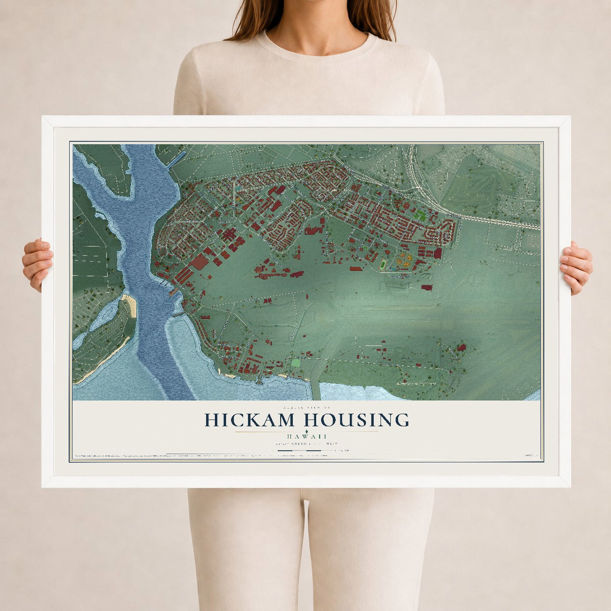 Map of Hickam Housing, Hawaii, 24 x 36 inch print in a white wood frame