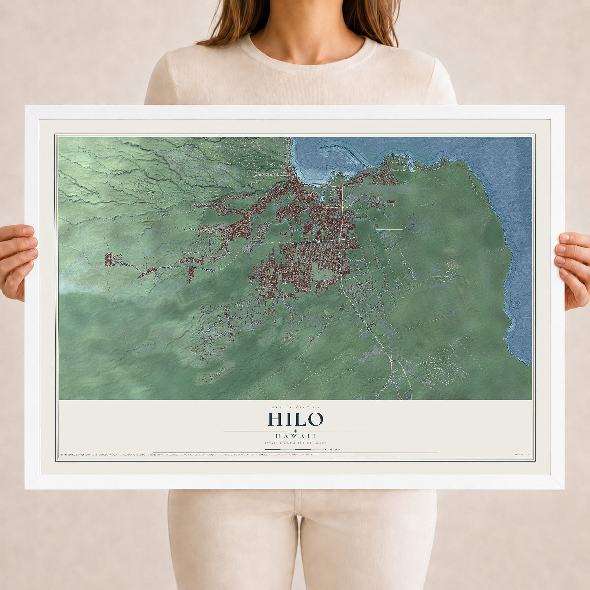 Map of Hilo, Hawaii, 18 x 24 inch print in a white wood frame