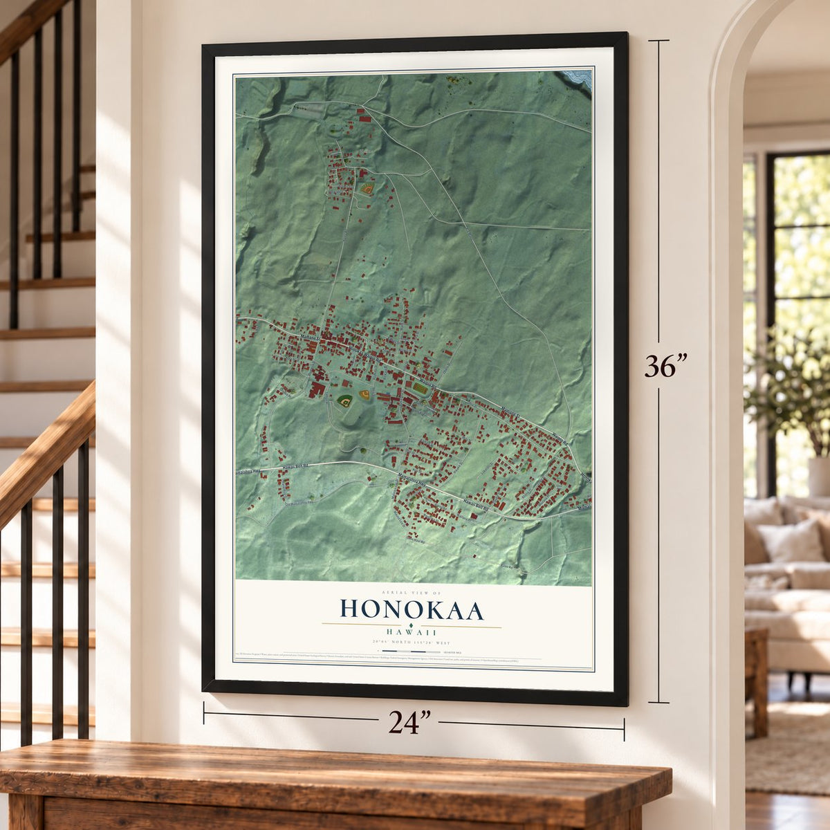Honokaa, Hawaii map, 24 x 36 inch print in a black frame by a staircase