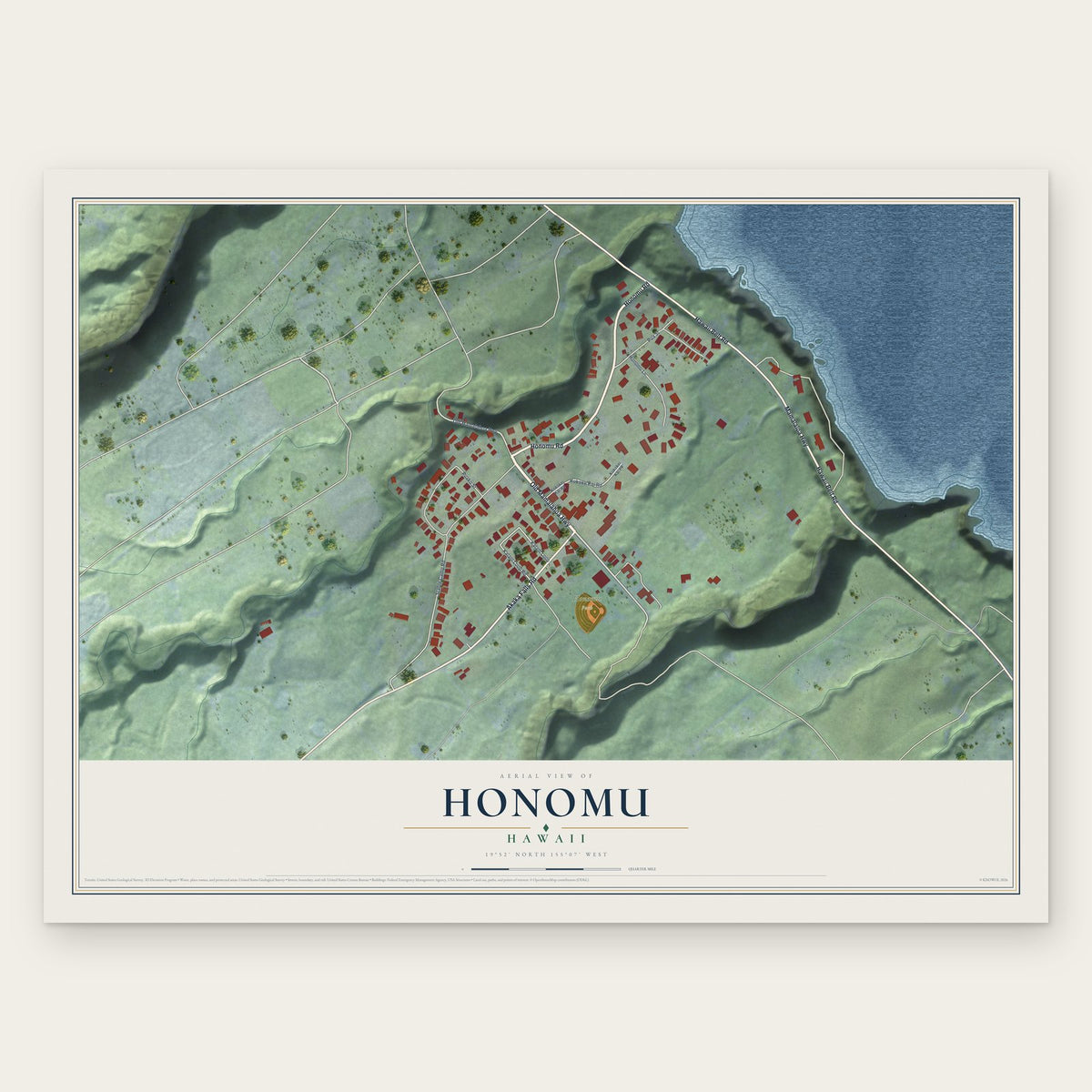 Honomu, Hawaii map print, the full design