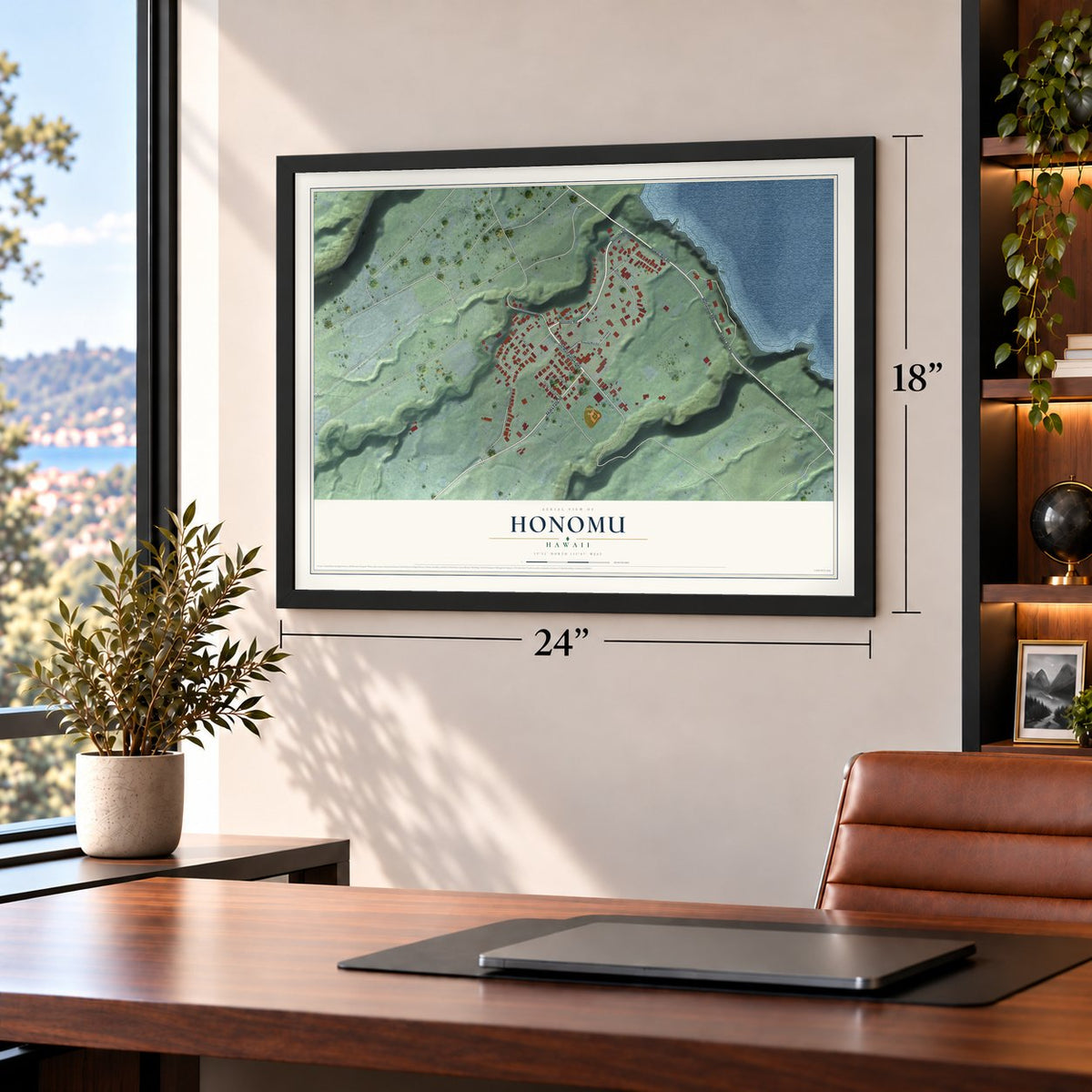 Honomu, Hawaii map, 18 x 24 inch print in a black frame in a home office