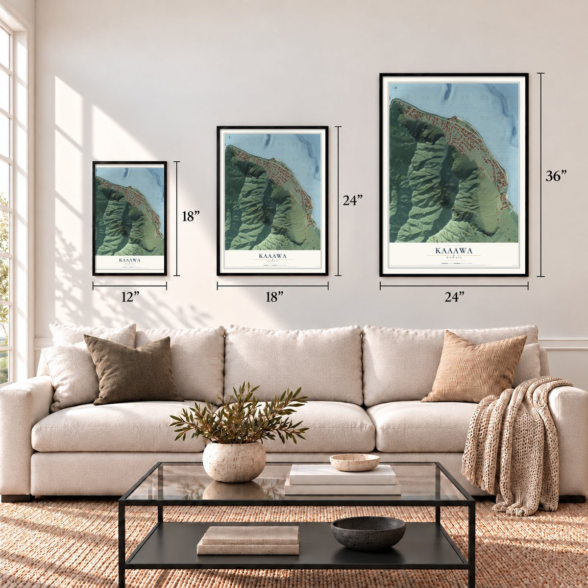 Kaaawa, Hawaii map in 12 x 18, 18 x 24 and 24 x 36 inch sizes above a sofa