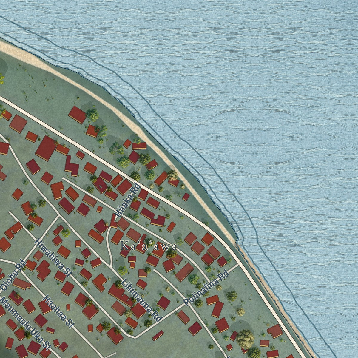 Close-up of the map of Kaaawa, Hawaii print showing street and building detail