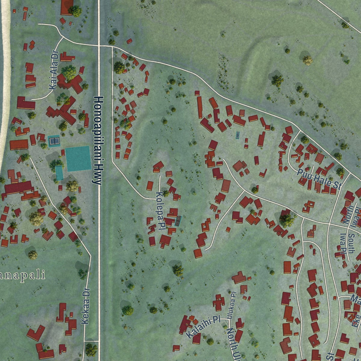 Close-up of the map of Kaanapali, Hawaii print showing street and building detail