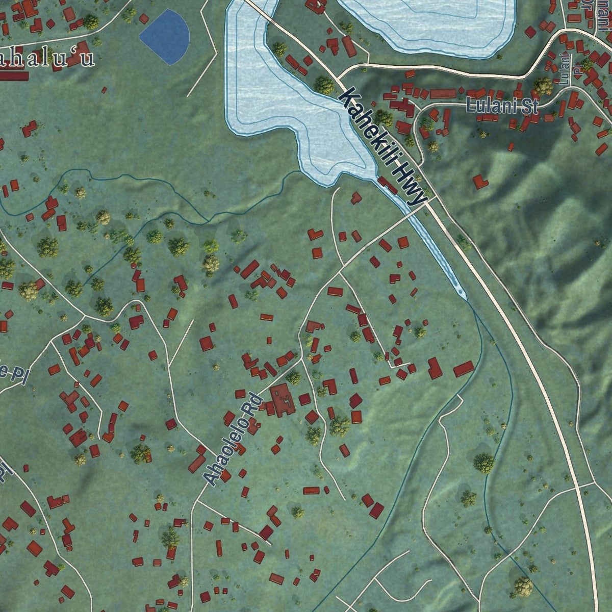 Close-up of the map of Kahaluu, Hawaii print showing street and building detail
