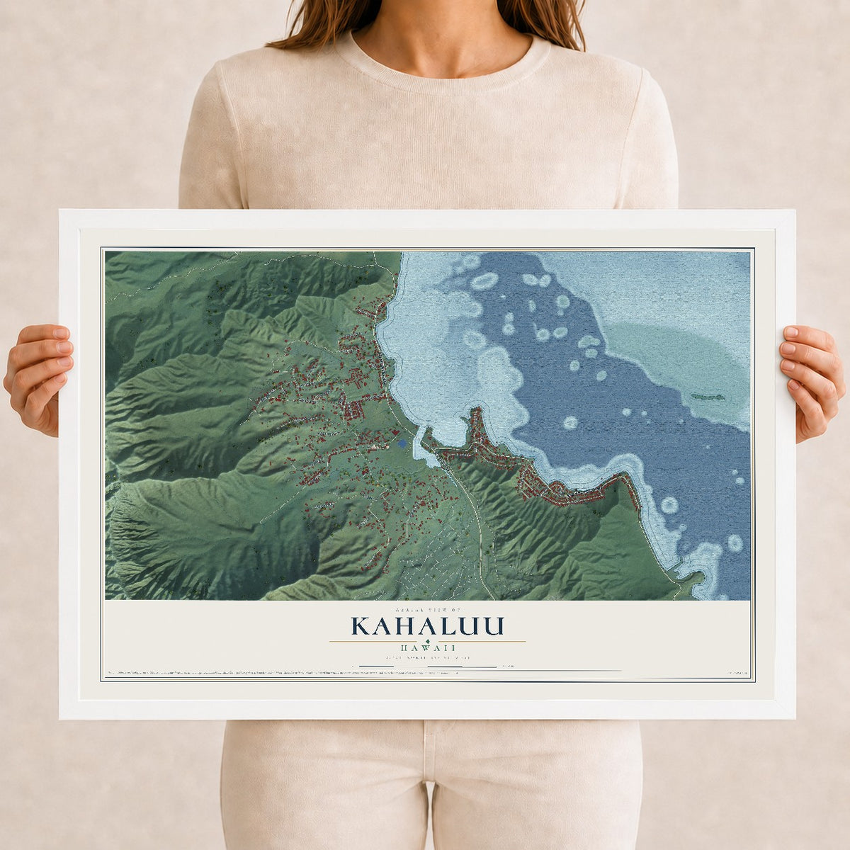 Map of Kahaluu, Hawaii, 12 x 18 inch print in a white wood frame