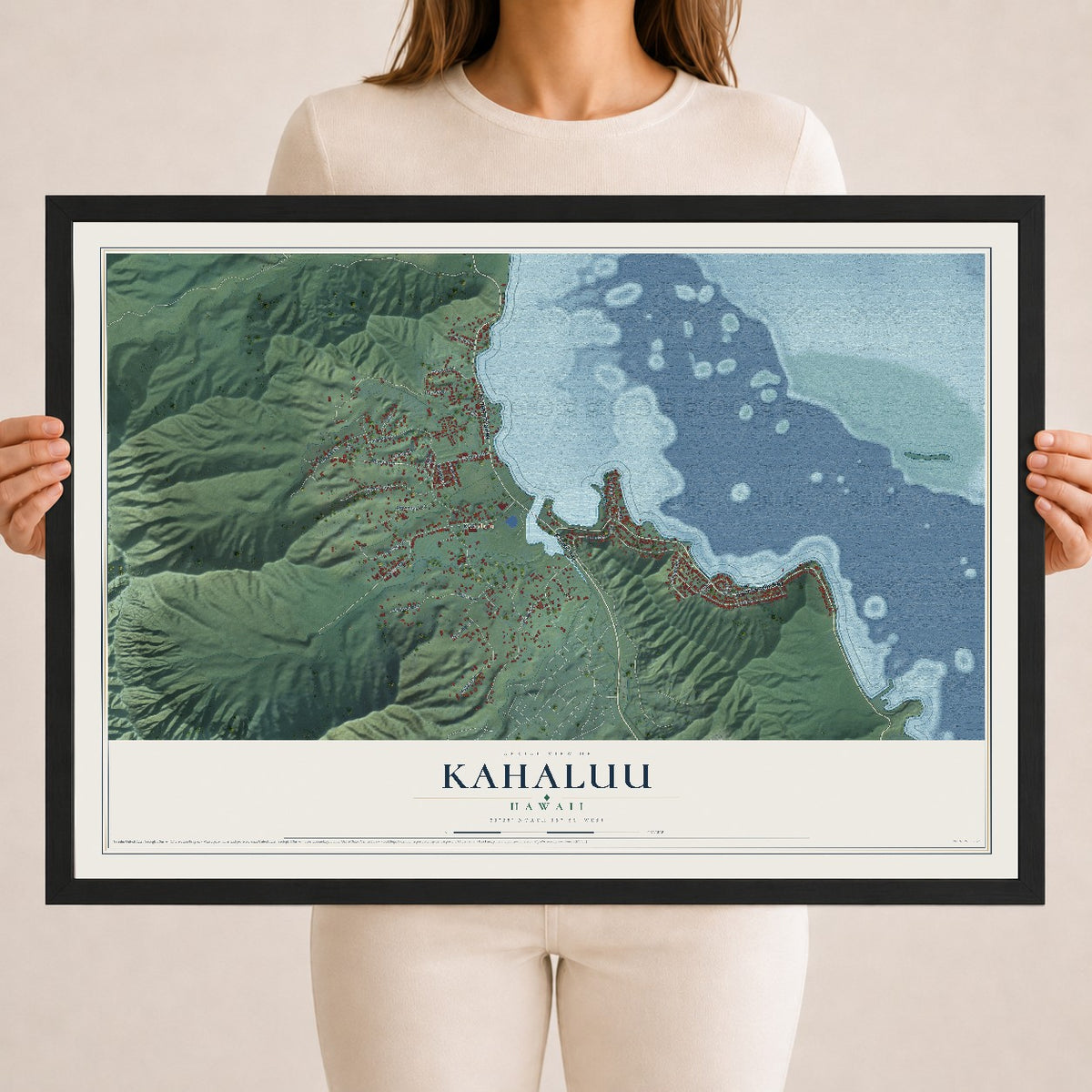 Map of Kahaluu, Hawaii, 18 x 24 inch print in a black wood frame