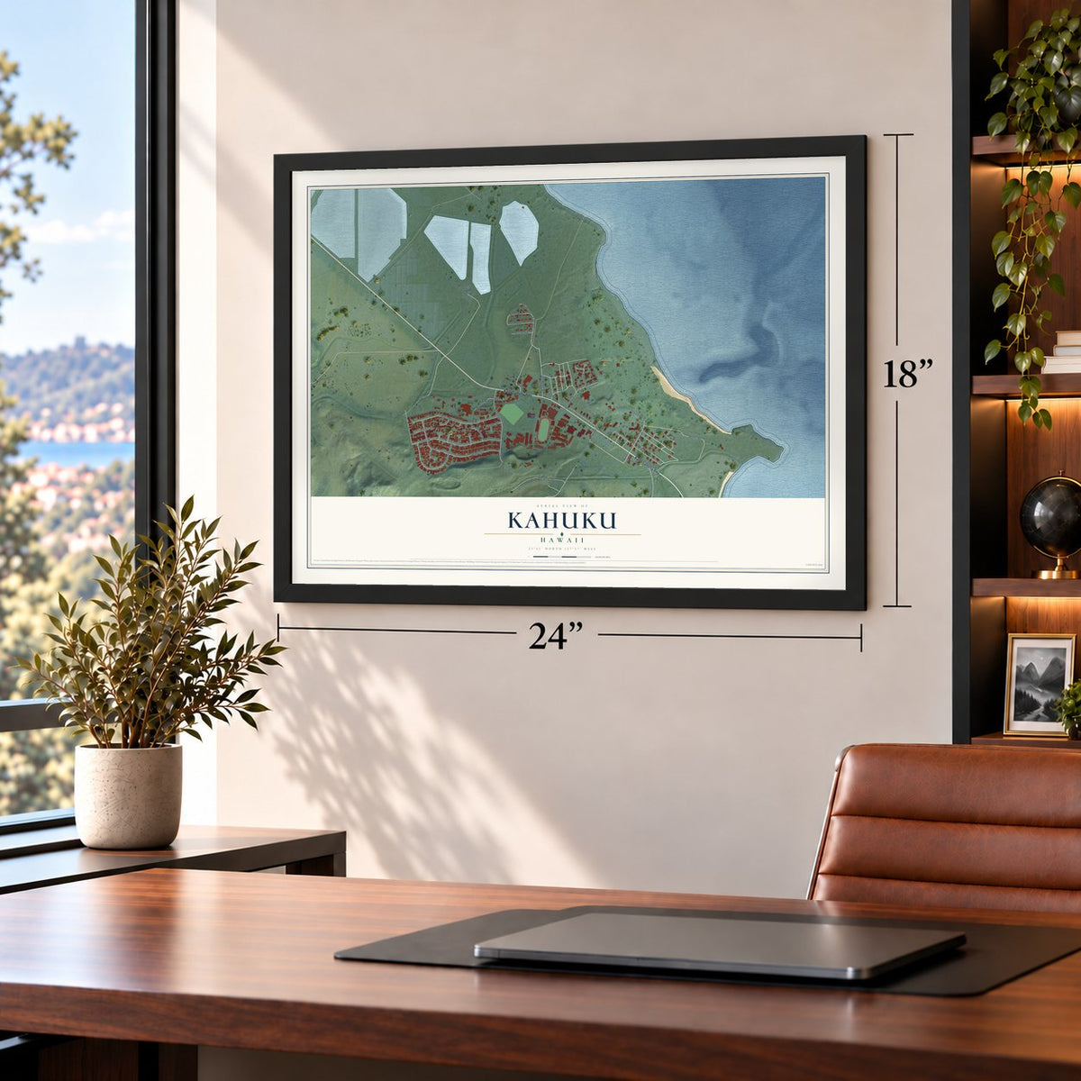 Kahuku, Hawaii map, 18 x 24 inch print in a black frame in a home office