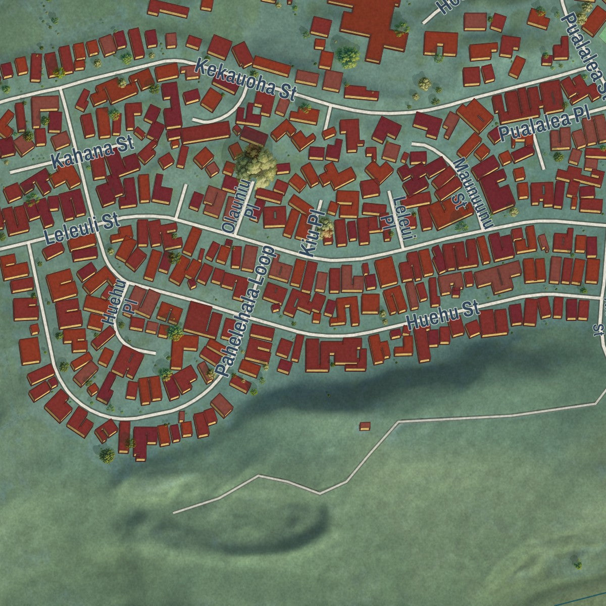 Close-up of the map of Kahuku, Hawaii print showing street and building detail