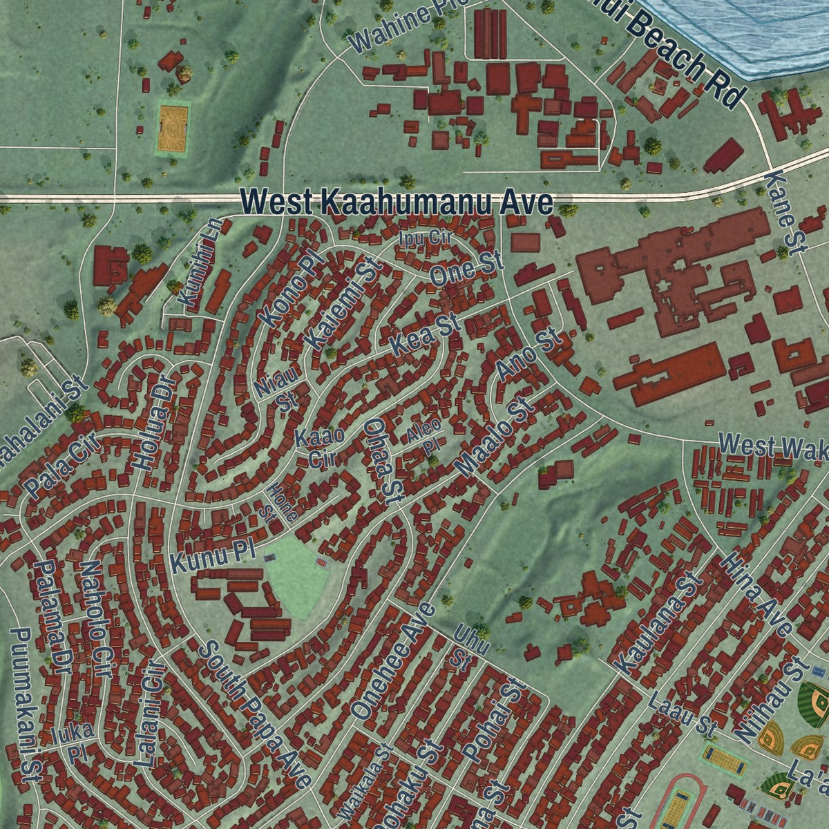 Close-up of the map of Kahului, Hawaii print showing street and building detail