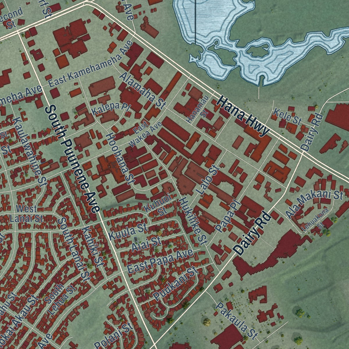 Second close-up of the map of Kahului, Hawaii print showing more streets and buildings