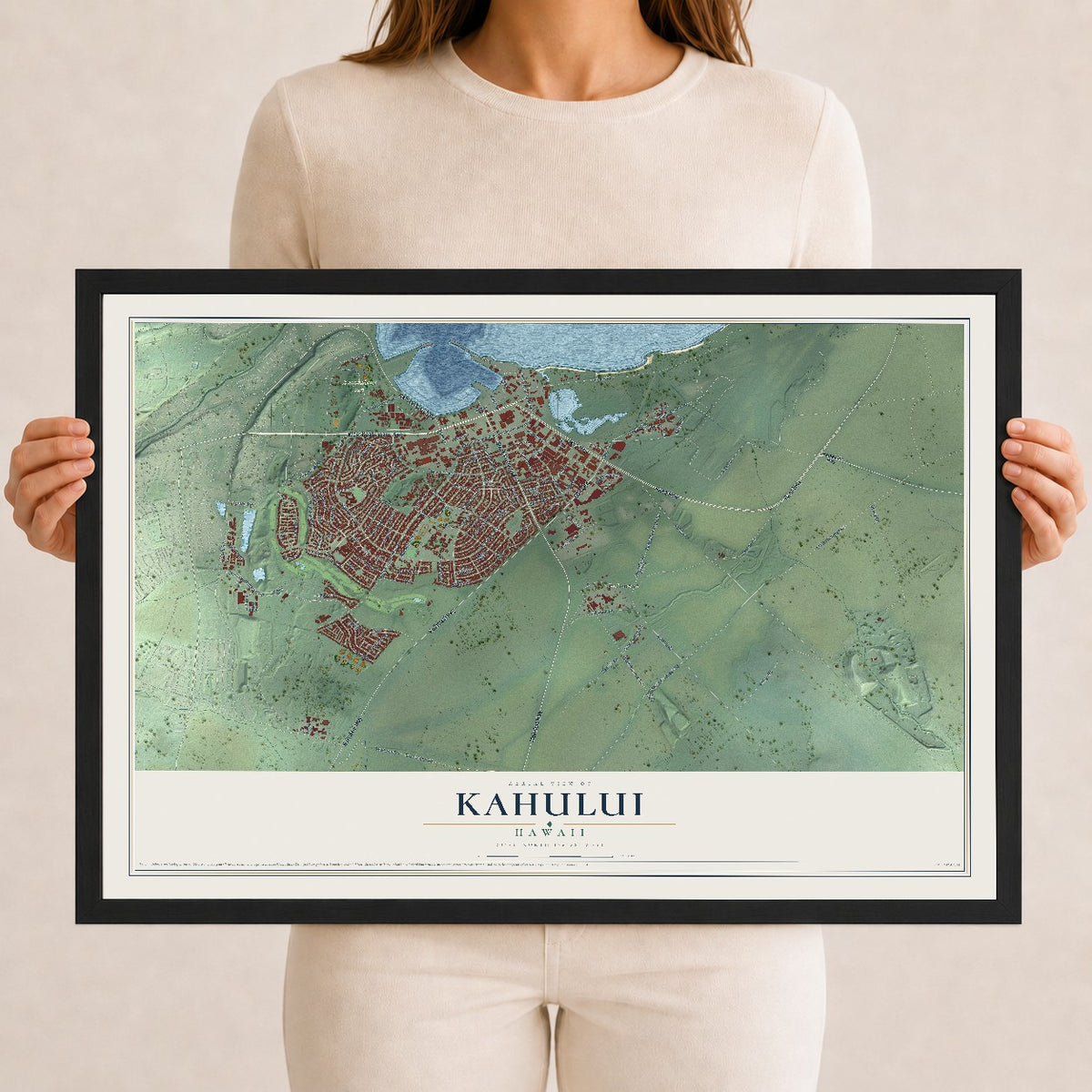 Map of Kahului, Hawaii, 12 x 18 inch print in a black wood frame
