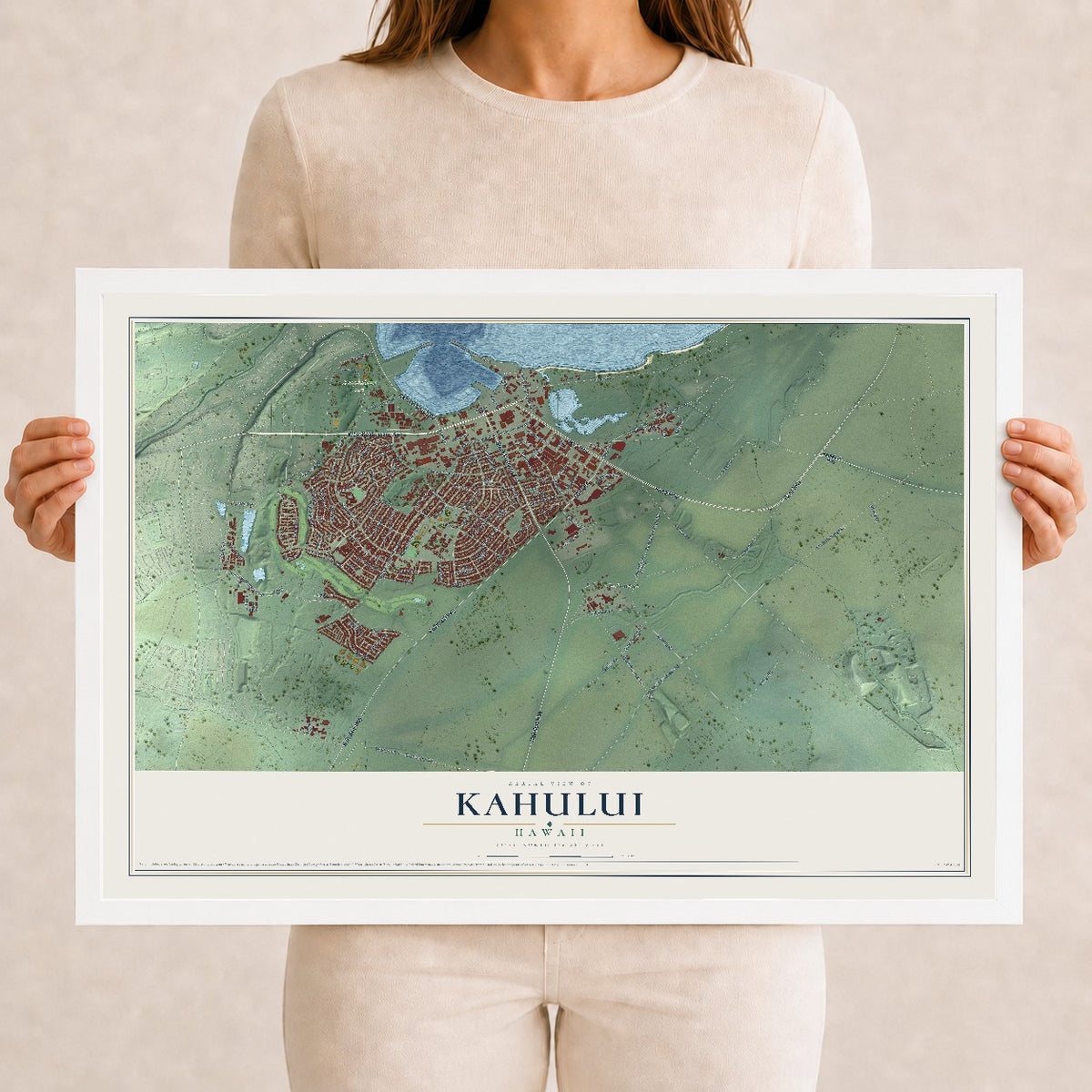 Map of Kahului, Hawaii, 12 x 18 inch print in a white wood frame